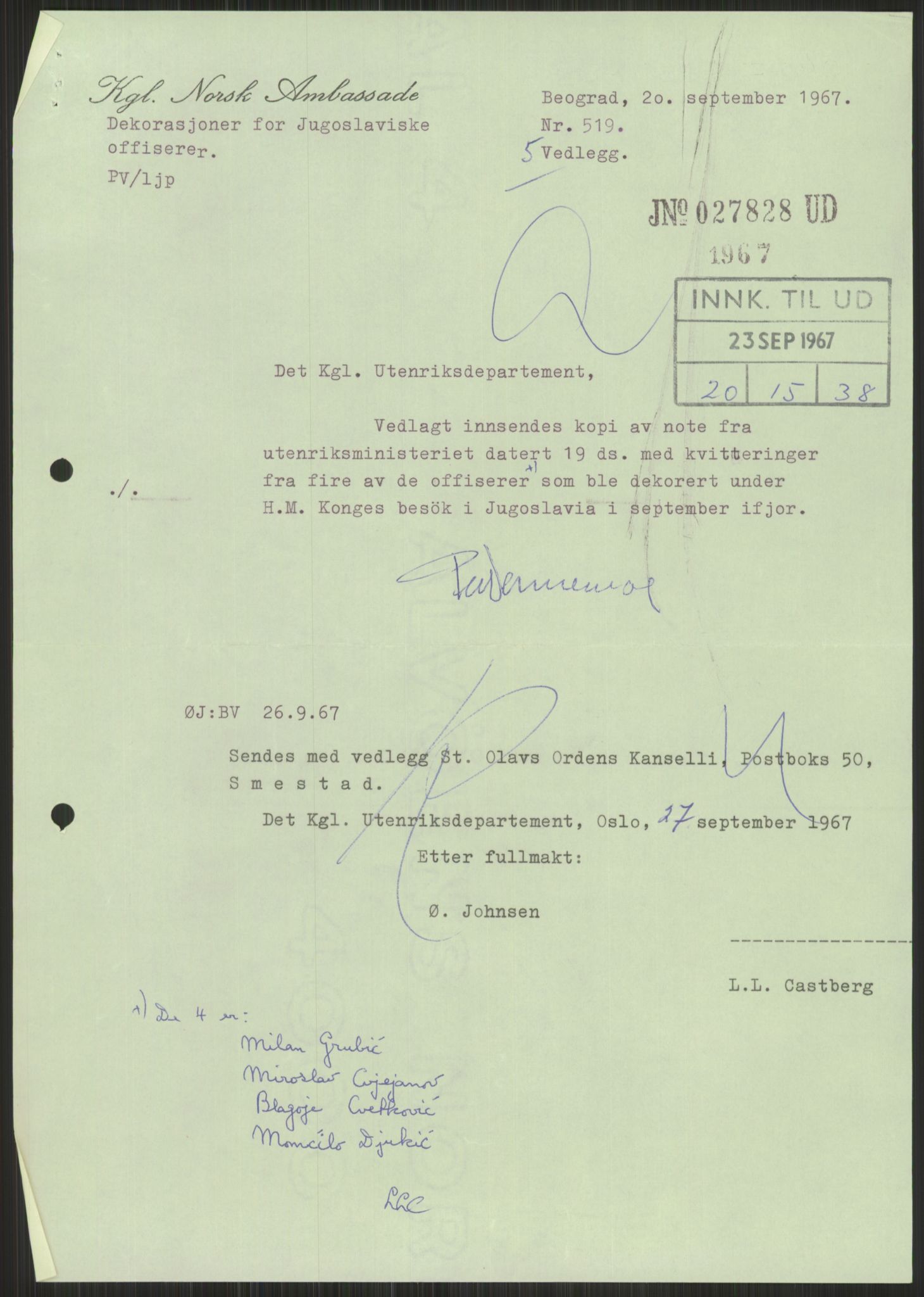 Utenriksdepartementet, hovedarkiv, AV/RA-S-6794/D/Da/Daa/L0542: Ordensvesen. Statsoverhoders og fyrsters jubiléer og begravelser. Ordensvesen. Statsoverhoders og fyrsters jubiléer og begravelser. Statsjubiléer. Fyrstebesøk (utvekslinger). Flåtebesøk (utvekslinger), 1960-1969, p. 9