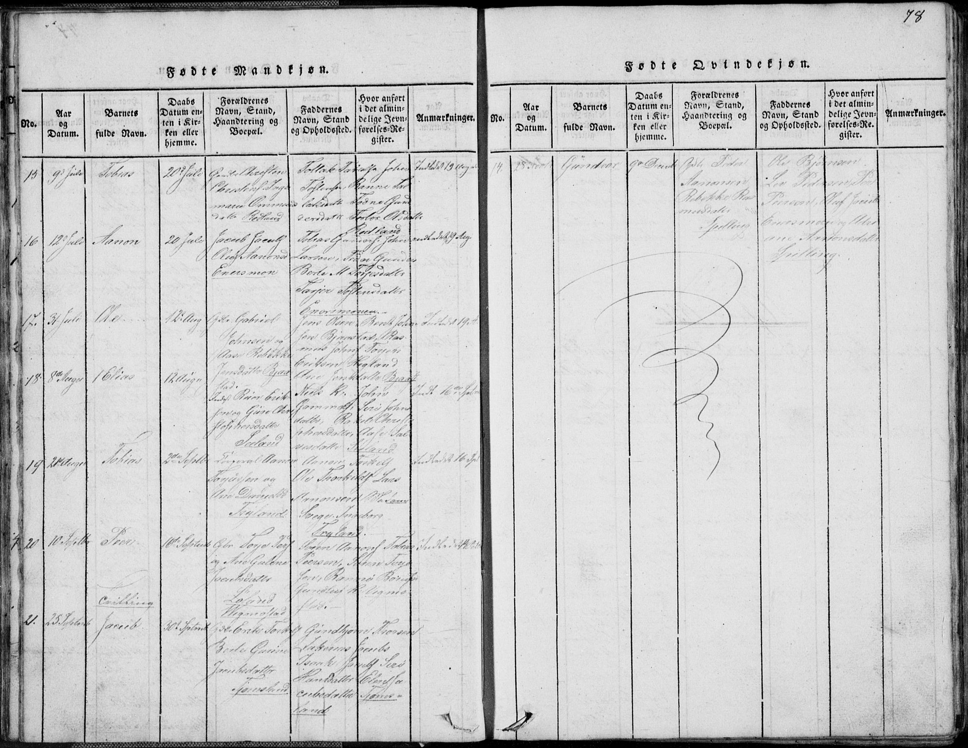 Nord-Audnedal sokneprestkontor, AV/SAK-1111-0032/F/Fb/Fbb/L0001: Parish register (copy) no. B 1, 1816-1858, p. 78