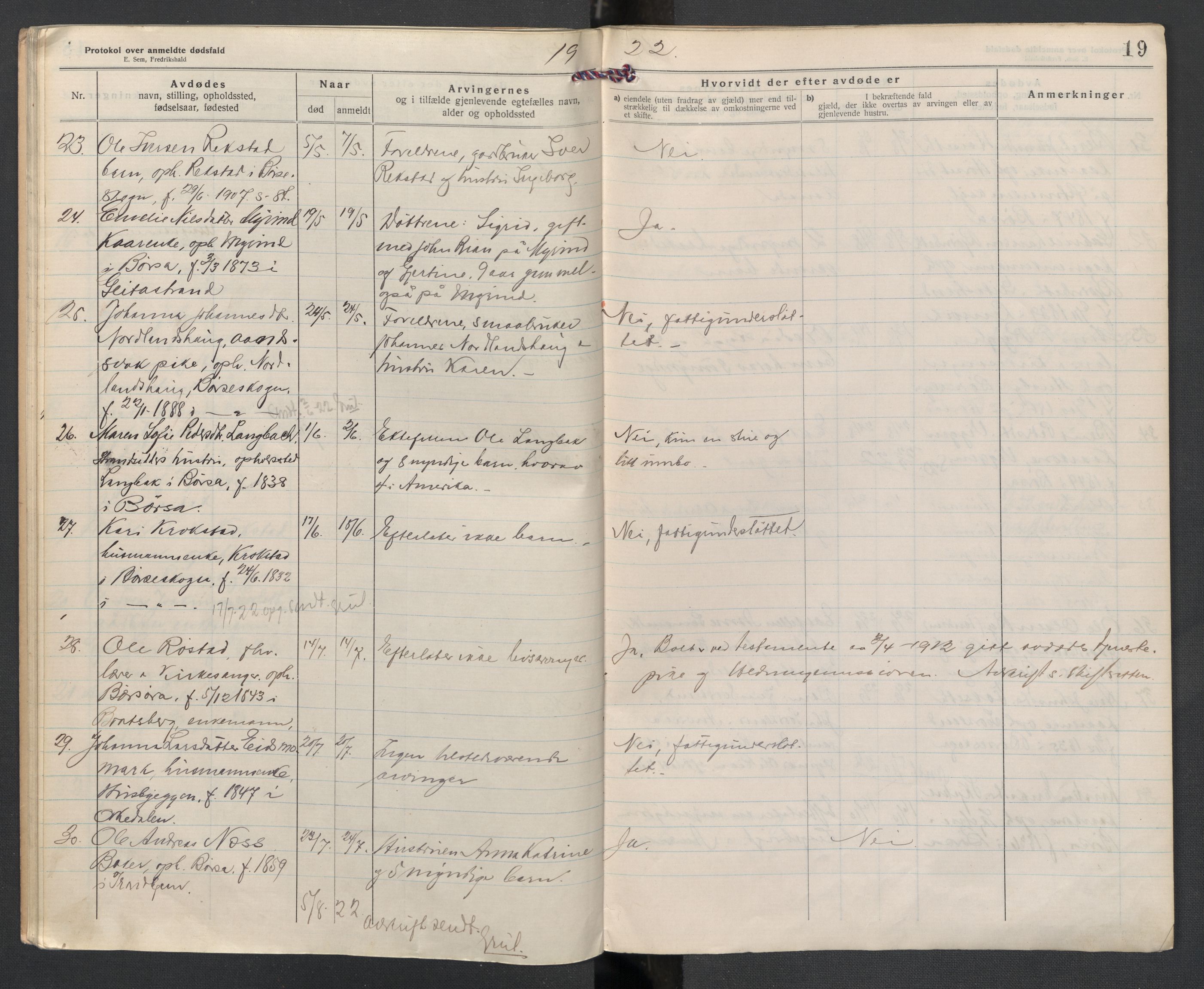 Børsa og Skaun lensmannskontor, AV/SAT-A-5888/02/L0004: 2.01.04 Dødsfallsprotokoll, 1920-1924, p. 19