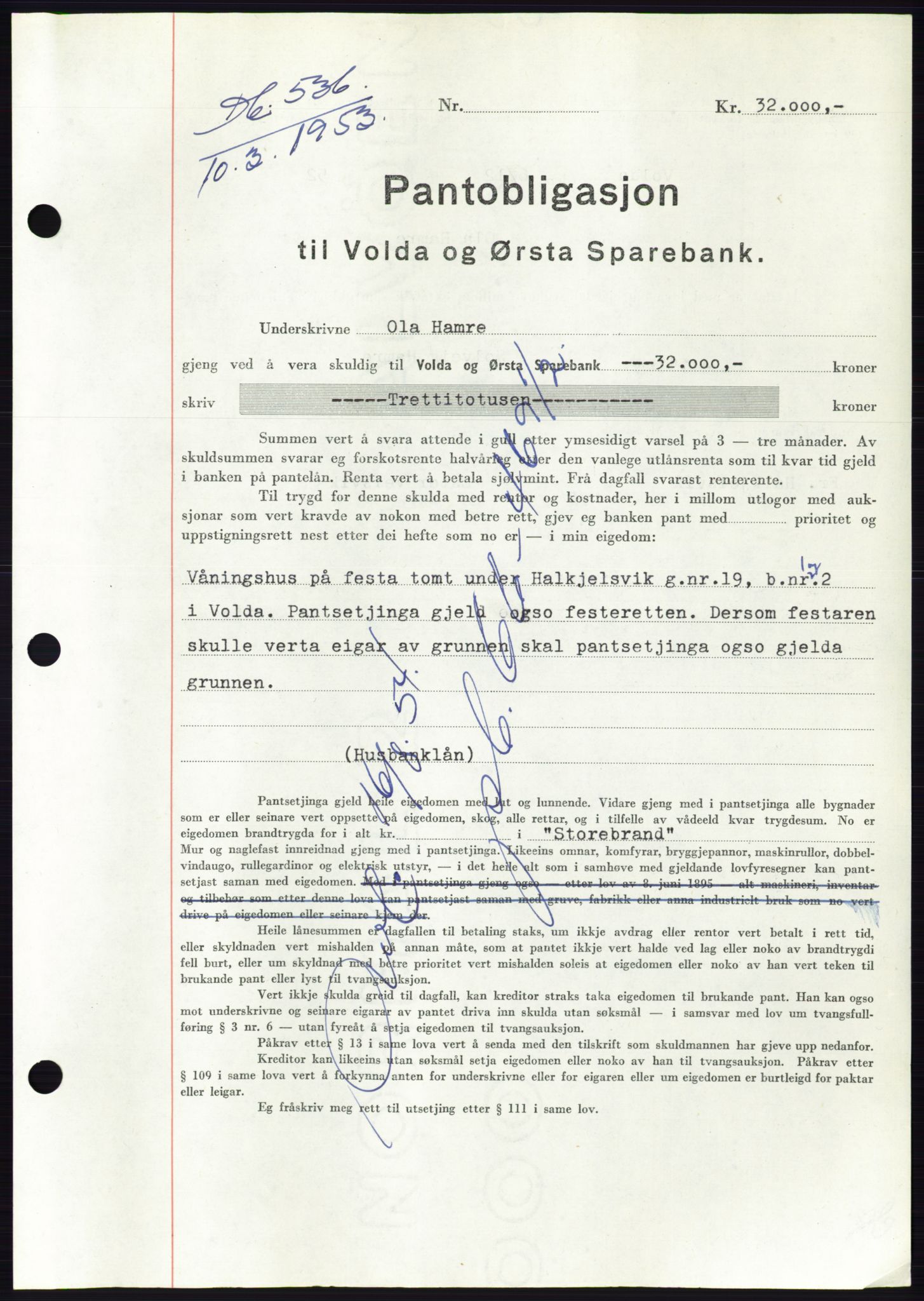 Søre Sunnmøre sorenskriveri, SAT/A-4122/1/2/2C/L0123: Mortgage book no. 11B, 1953-1953, Diary no: : 536/1953