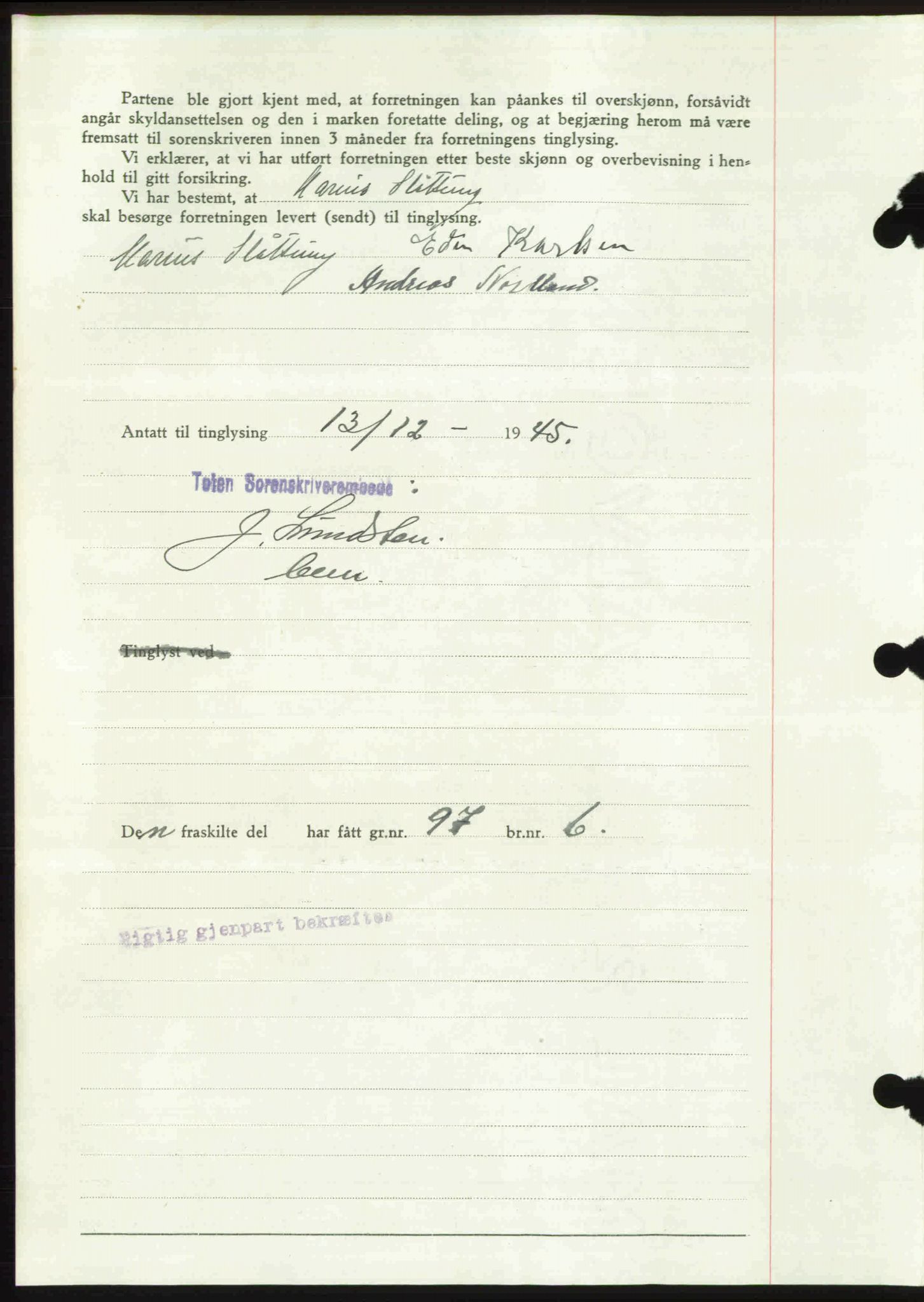 Toten tingrett, SAH/TING-006/H/Hb/Hbc/L0013: Mortgage book no. Hbc-13, 1945-1945, Diary no: : 1738/1945