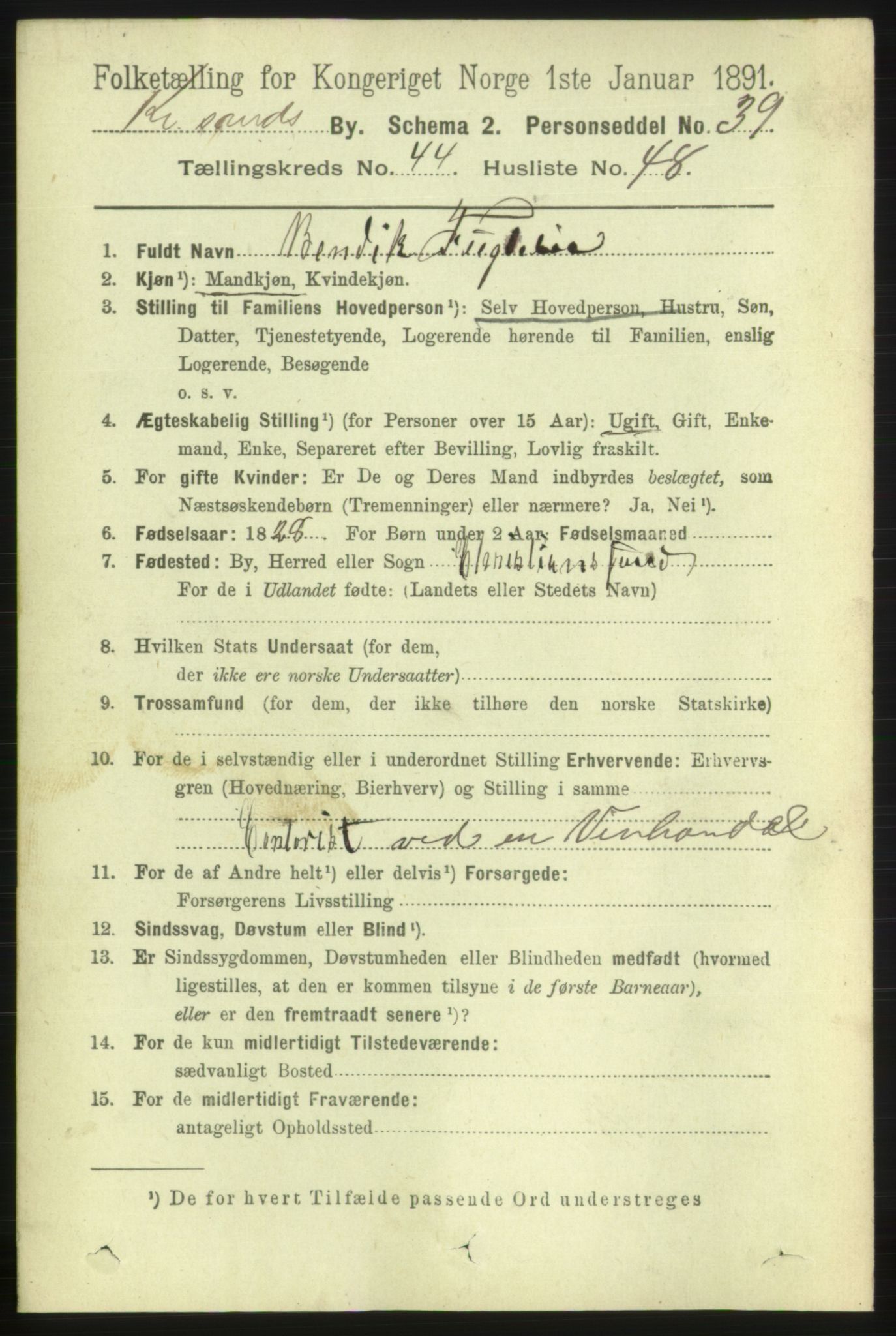 RA, 1891 census for 1001 Kristiansand, 1891, p. 13893