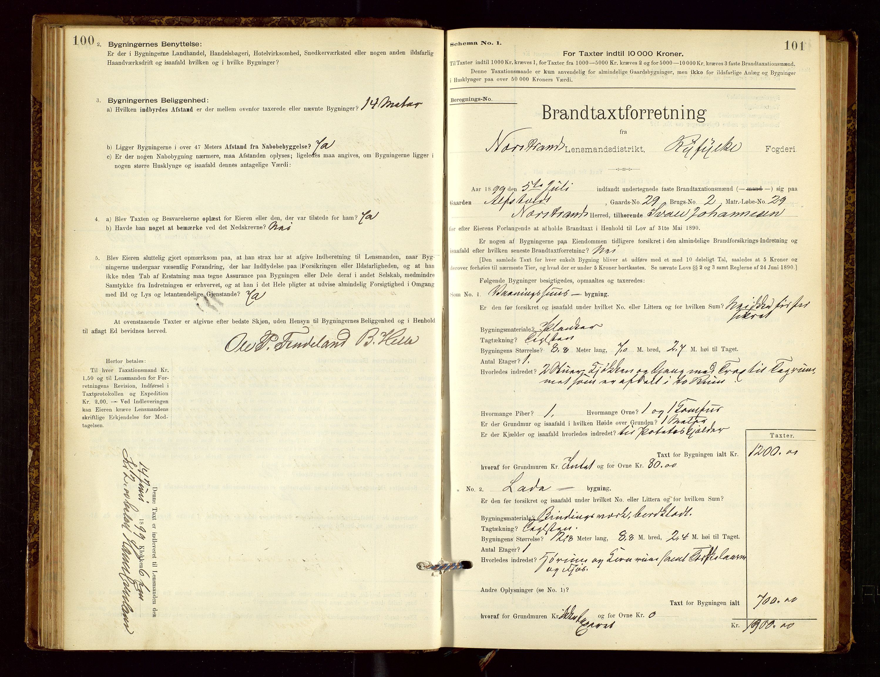 Nedstrand lensmannskontor, SAST/A-100236/Gob/L0001: "Brandtaxationsprotokol for Nerstrand Lensmandsdistrikt Ryfylke fogderi", 1895-1915, p. 100-101