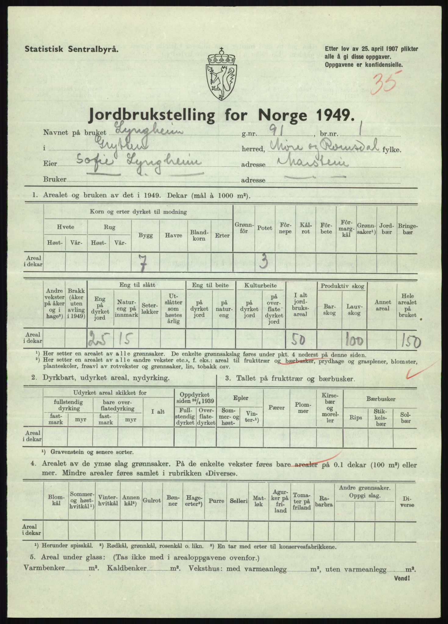 Statistisk sentralbyrå, Næringsøkonomiske emner, Jordbruk, skogbruk, jakt, fiske og fangst, AV/RA-S-2234/G/Gc/L0323: Møre og Romsdal: Grytten og Hen, 1949, p. 251