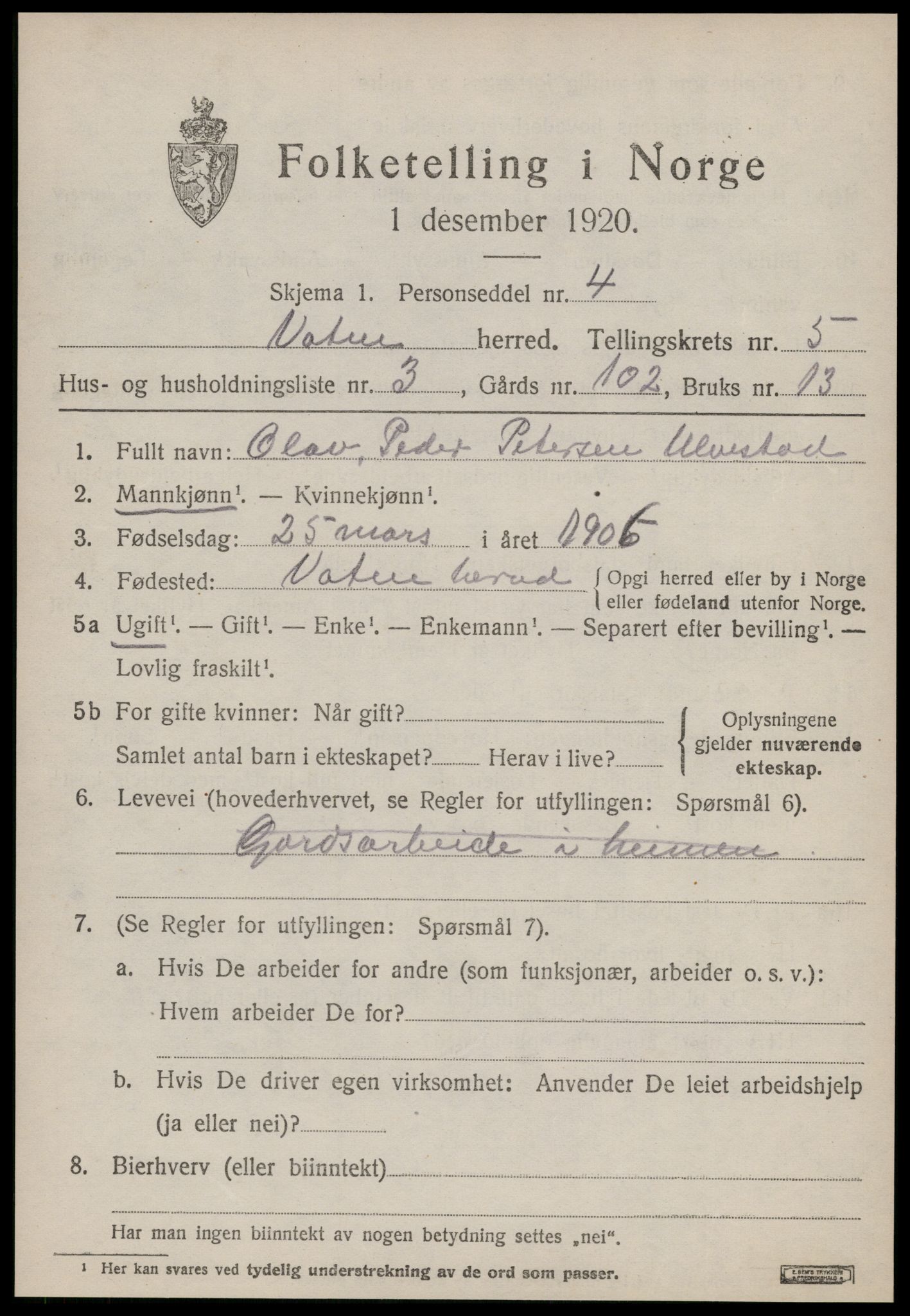 SAT, 1920 census for Vatne, 1920, p. 2172