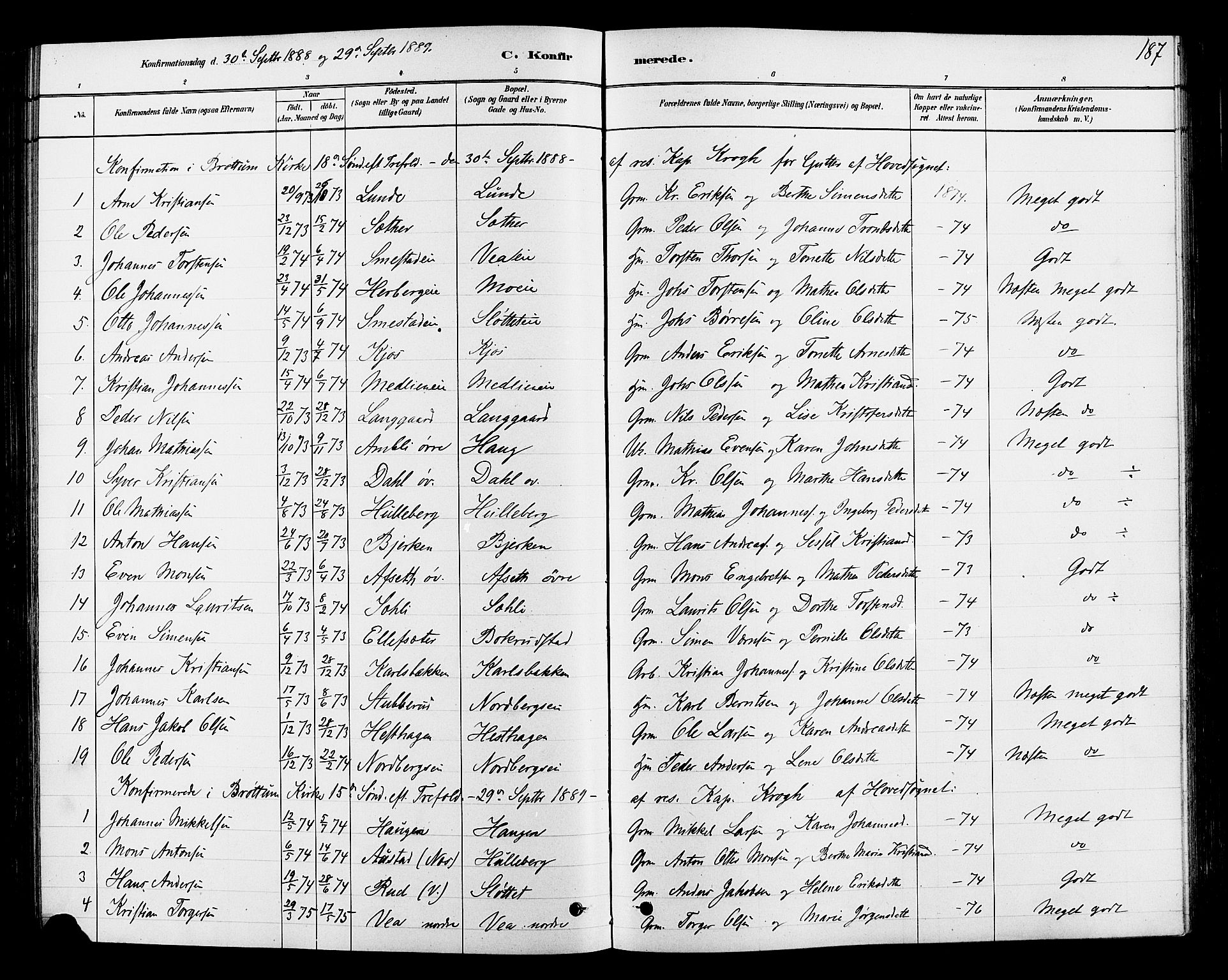 Ringsaker prestekontor, SAH/PREST-014/L/La/L0009: Parish register (copy) no. 9, 1879-1890, p. 187