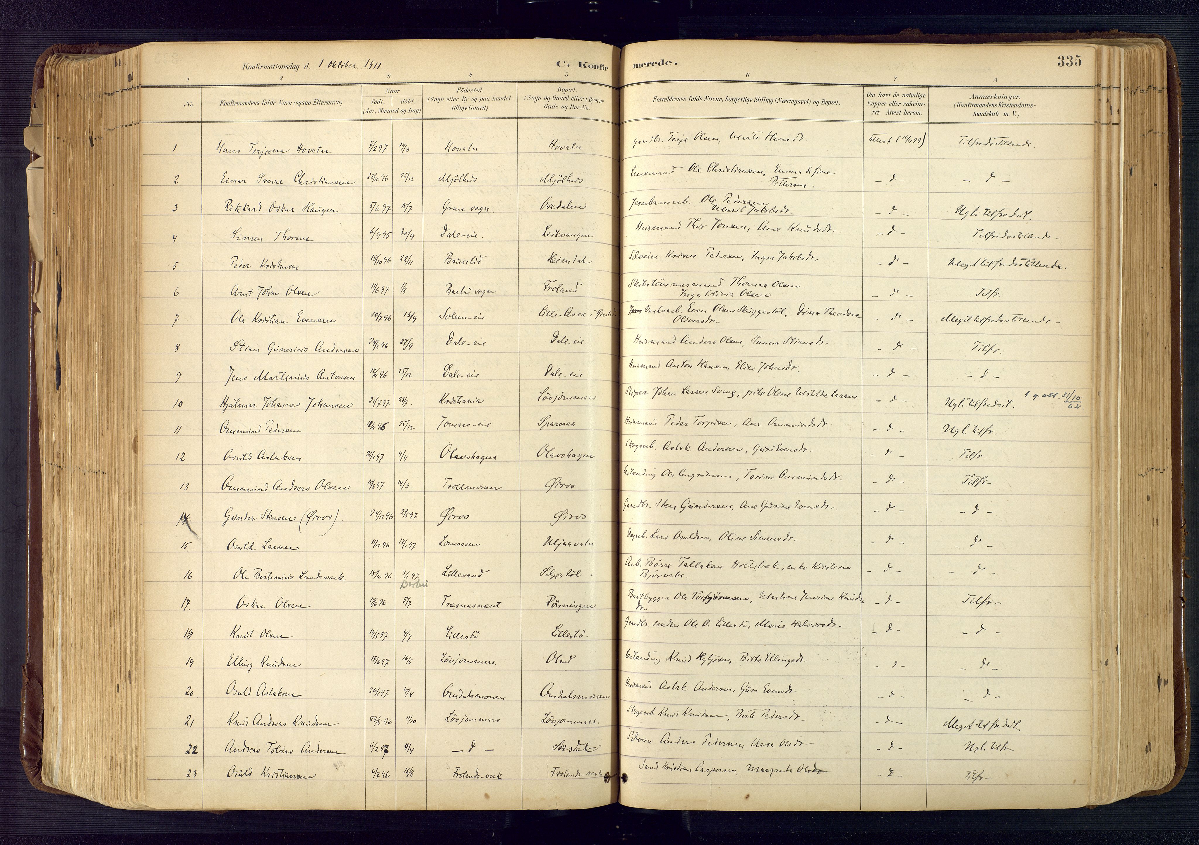 Froland sokneprestkontor, AV/SAK-1111-0013/F/Fa/L0005: Parish register (official) no. A 5, 1882-1921, p. 335