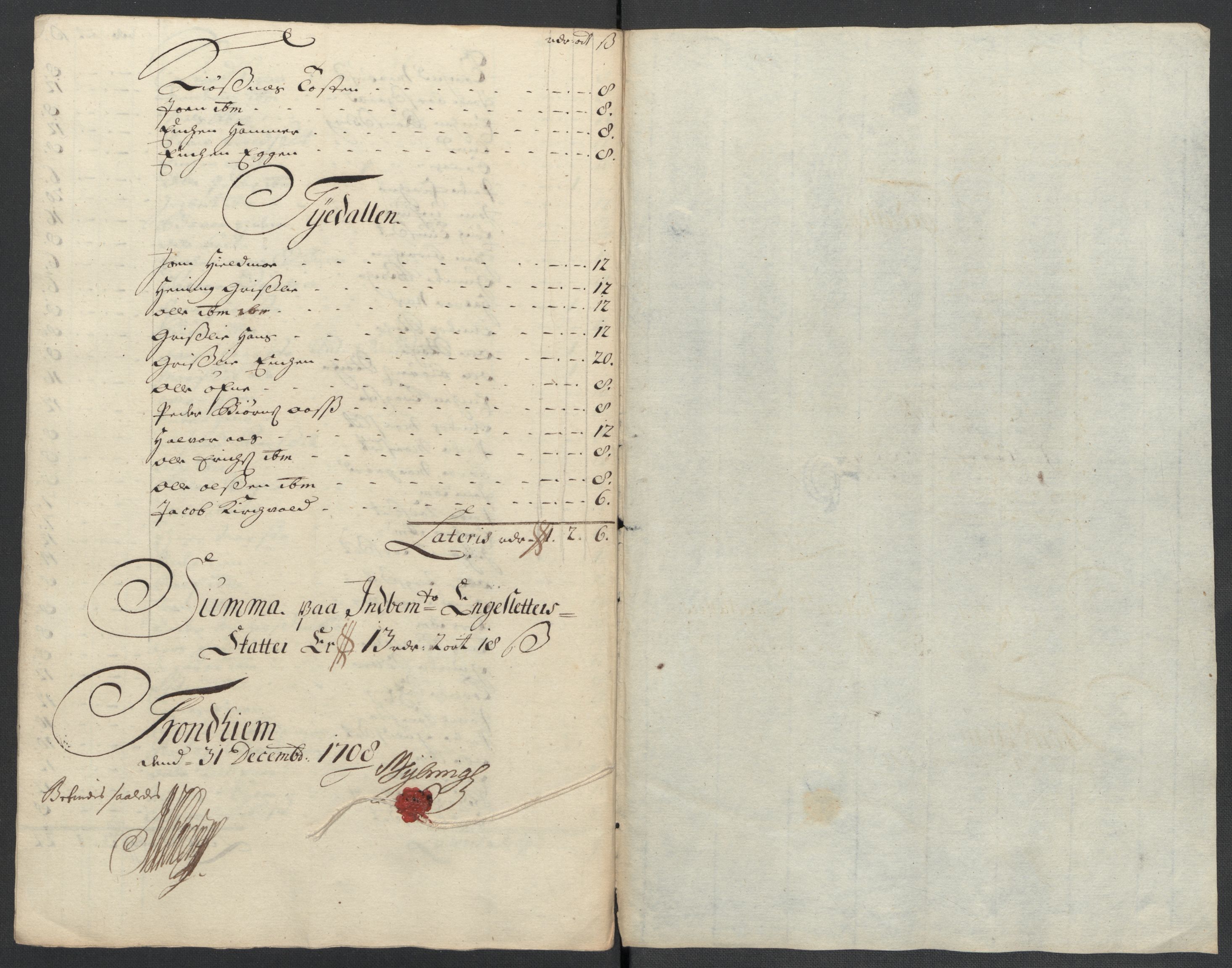 Rentekammeret inntil 1814, Reviderte regnskaper, Fogderegnskap, AV/RA-EA-4092/R61/L4110: Fogderegnskap Strinda og Selbu, 1707-1708, p. 396