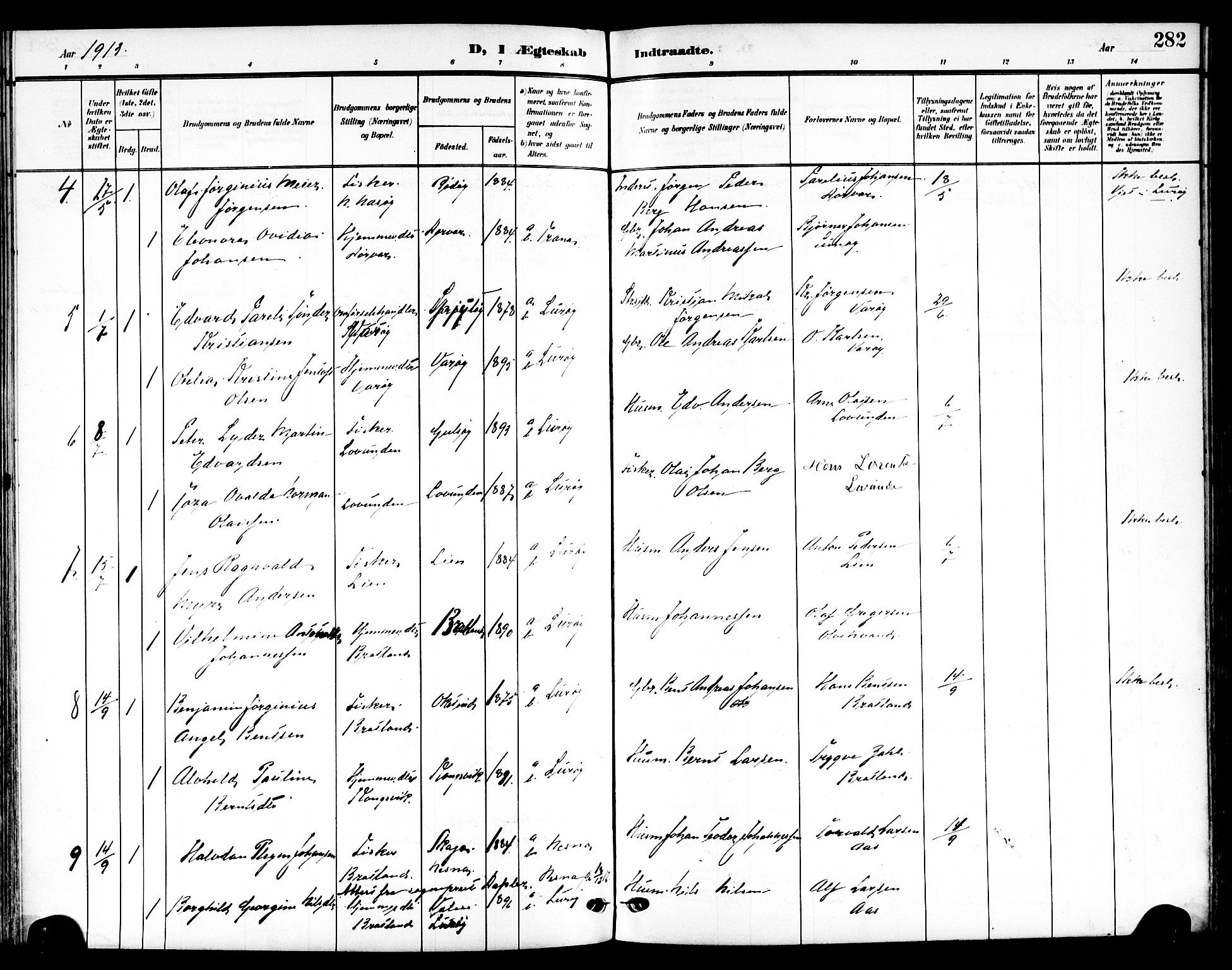 Ministerialprotokoller, klokkerbøker og fødselsregistre - Nordland, AV/SAT-A-1459/839/L0569: Parish register (official) no. 839A06, 1903-1922, p. 282