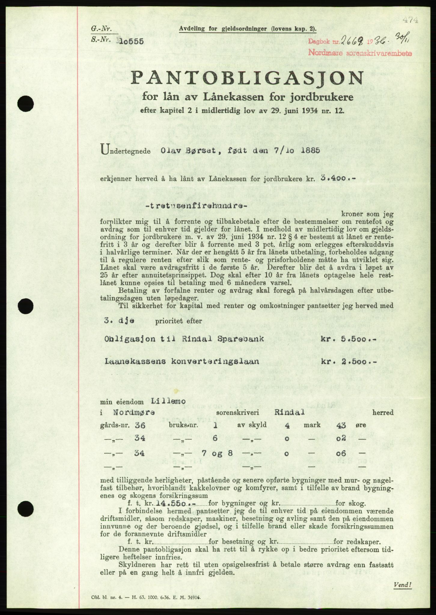 Nordmøre sorenskriveri, AV/SAT-A-4132/1/2/2Ca/L0090: Mortgage book no. B80, 1936-1937, Diary no: : 2669/1936