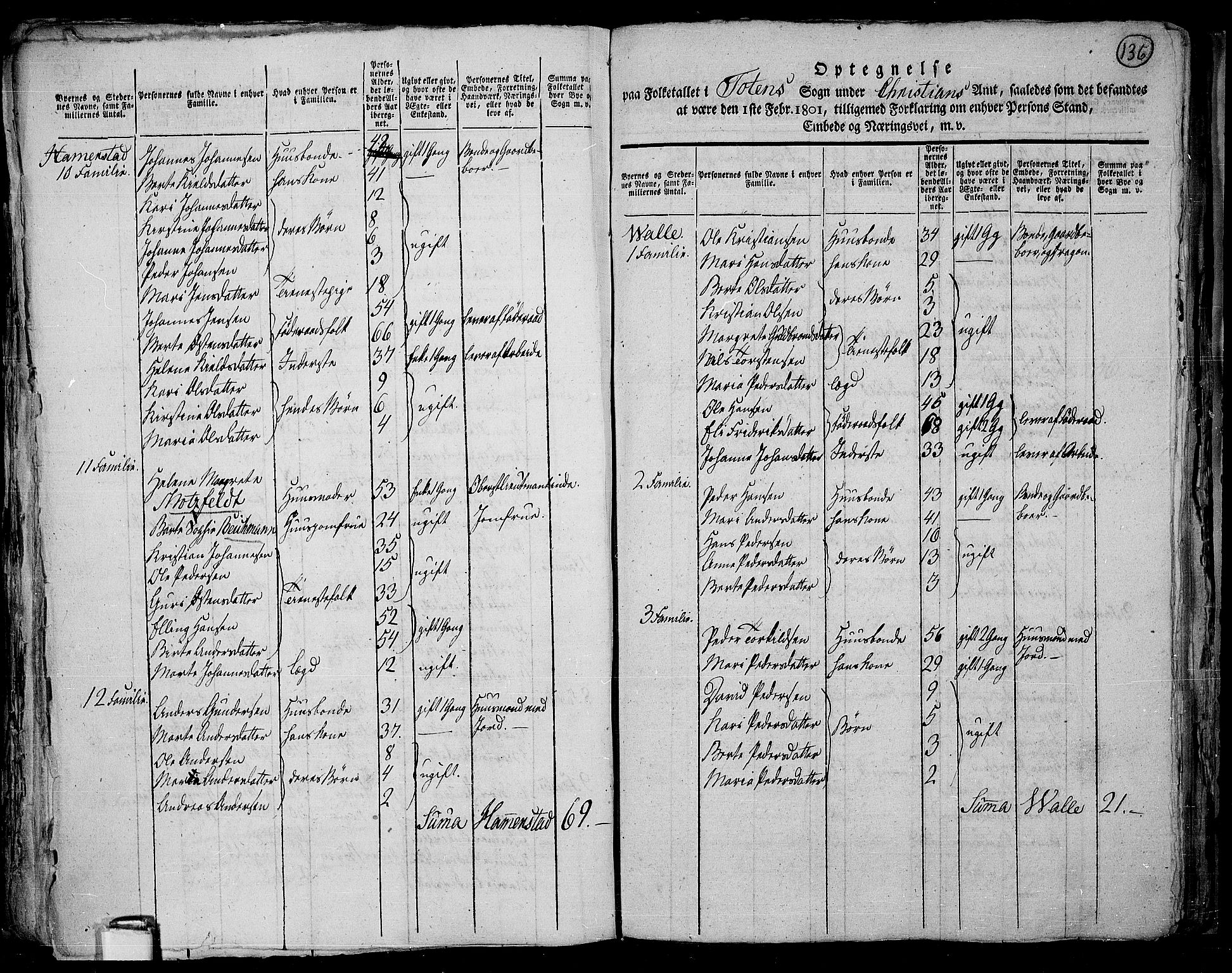 RA, 1801 census for 0528P Toten, 1801, p. 135b-136a