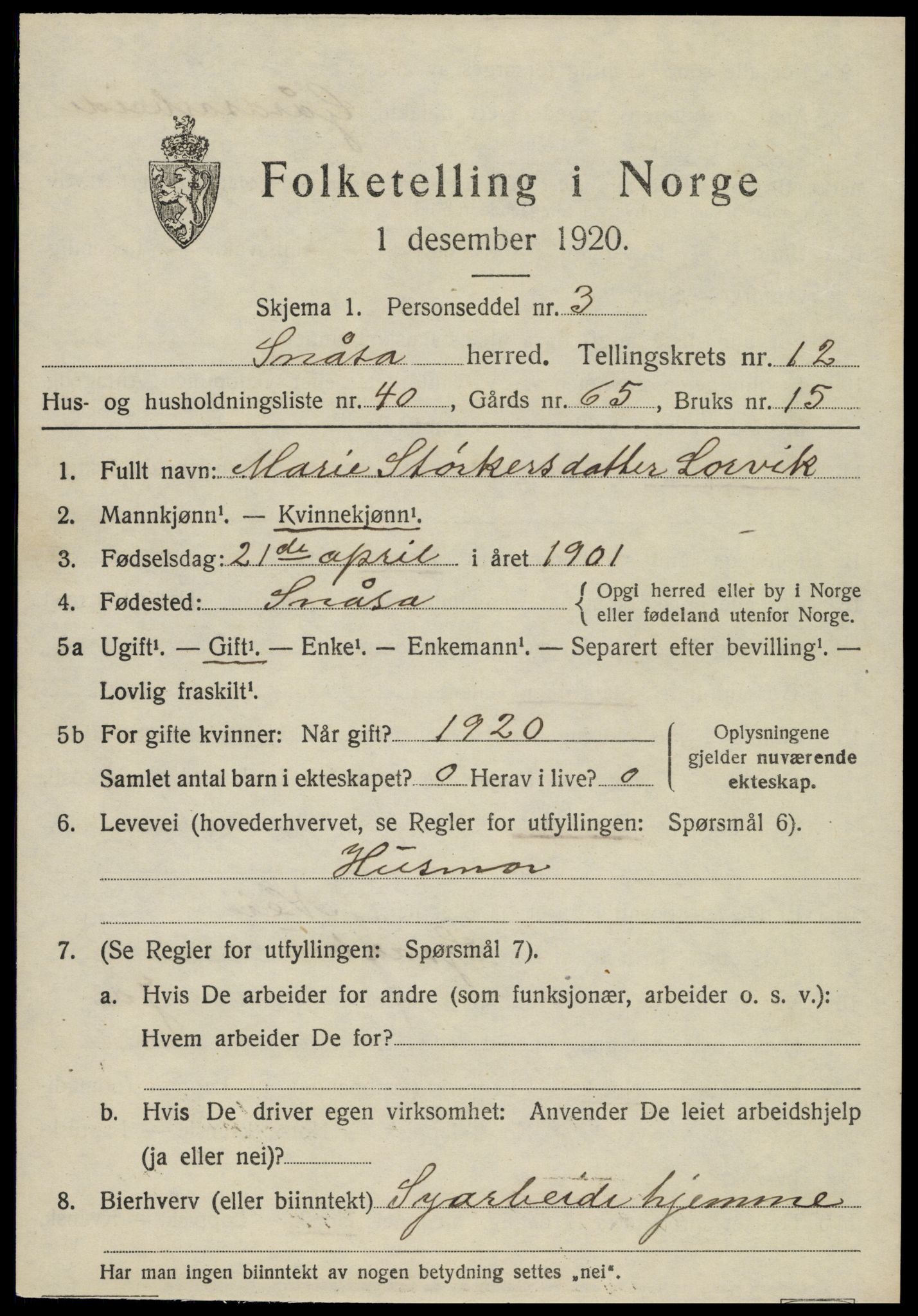 SAT, 1920 census for Snåsa, 1920, p. 5600