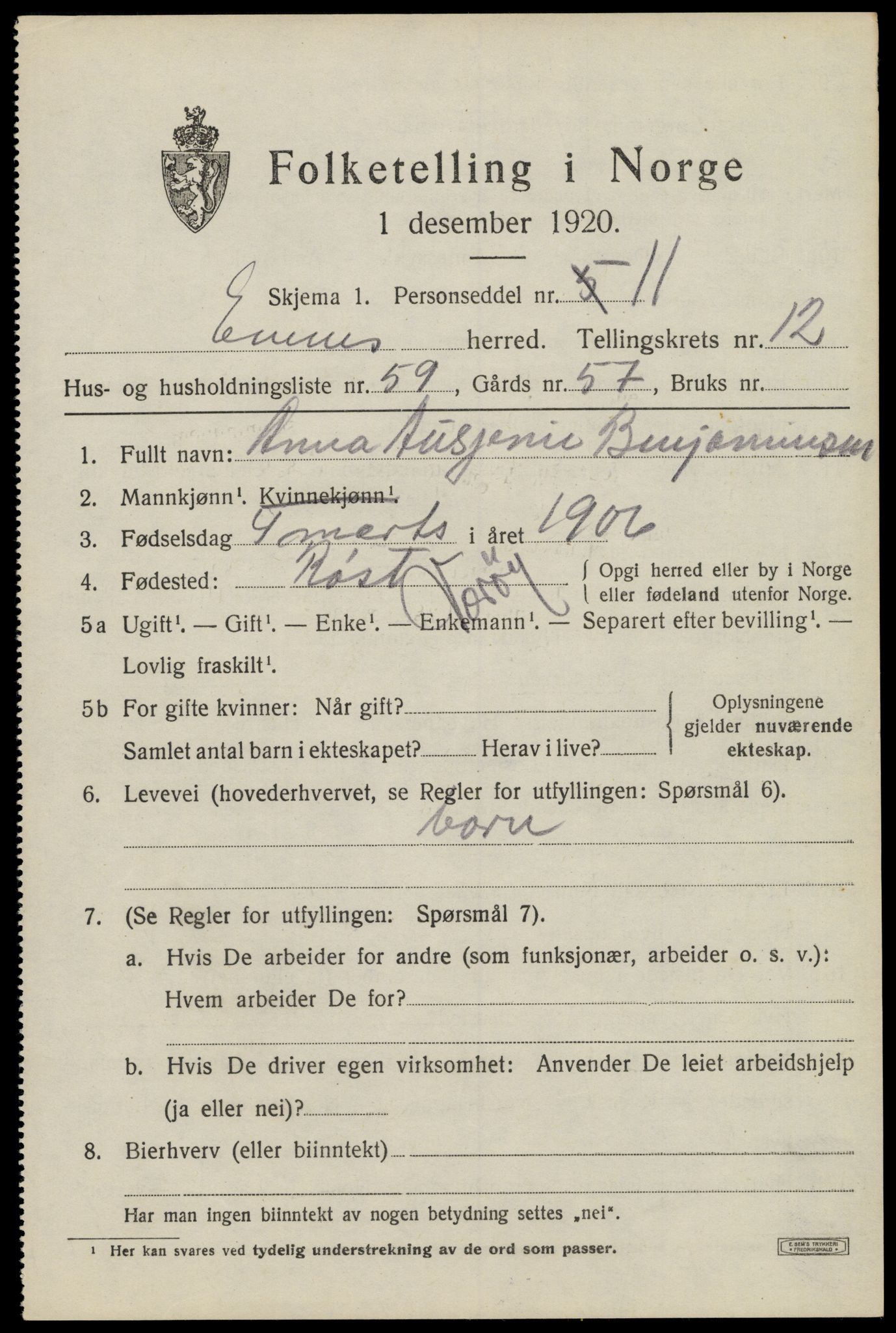 SAT, 1920 census for Evenes, 1920, p. 11840