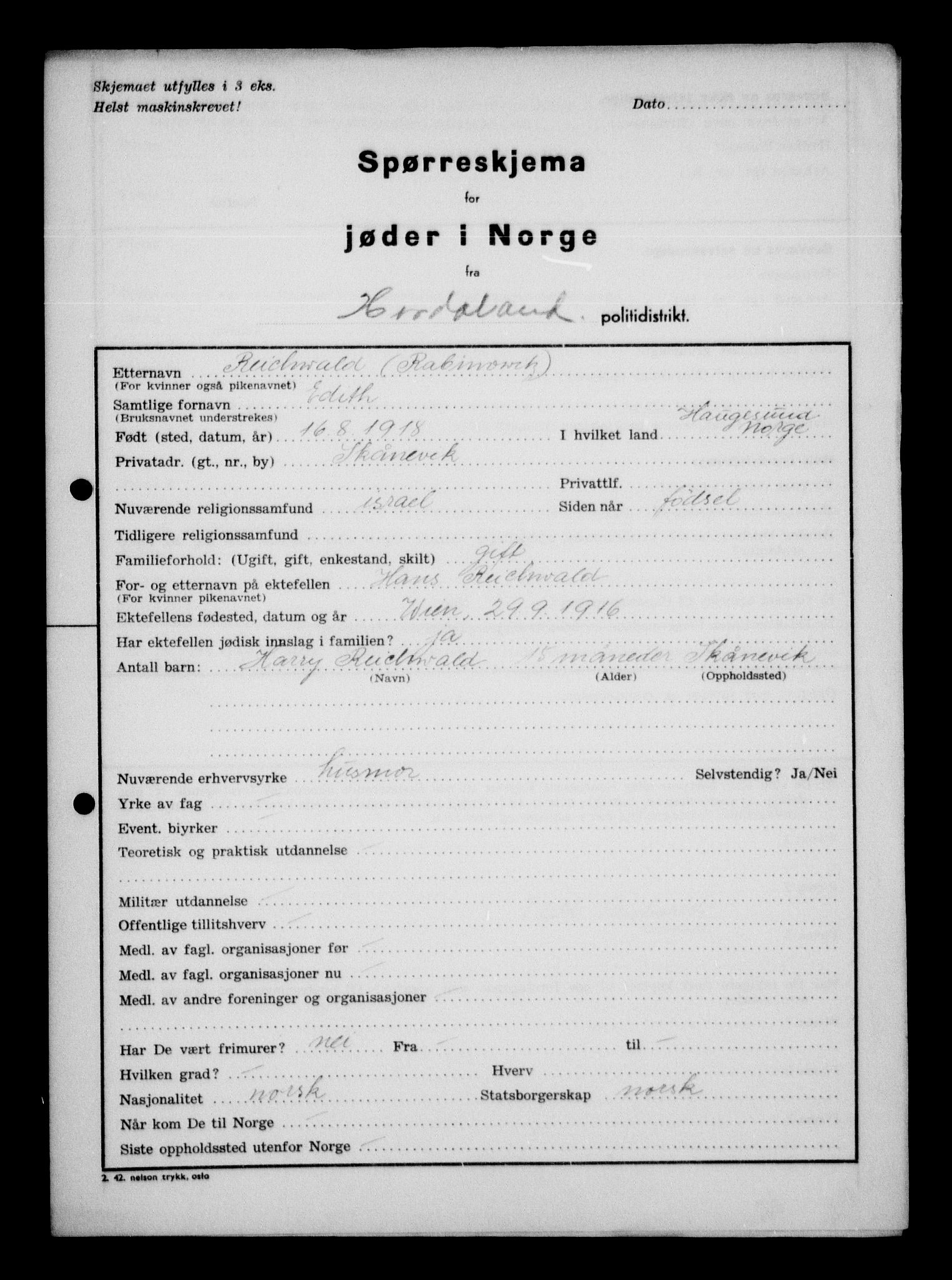 Statspolitiet - Hovedkontoret / Osloavdelingen, AV/RA-S-1329/G/Ga/L0012: Spørreskjema for jøder i Norge. 1: Aker 114- 207 (Levinson-Wozak) og 656 (Salomon). 2: Arendal-Hordaland. 3: Horten-Romerike.  , 1942, p. 609