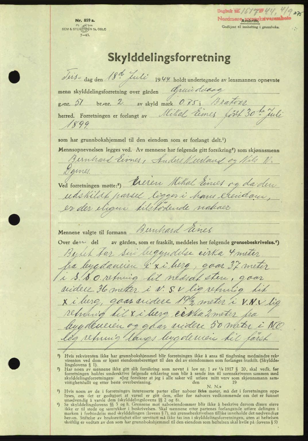 Nordmøre sorenskriveri, AV/SAT-A-4132/1/2/2Ca: Mortgage book no. A98, 1944-1944, Diary no: : 1517/1944