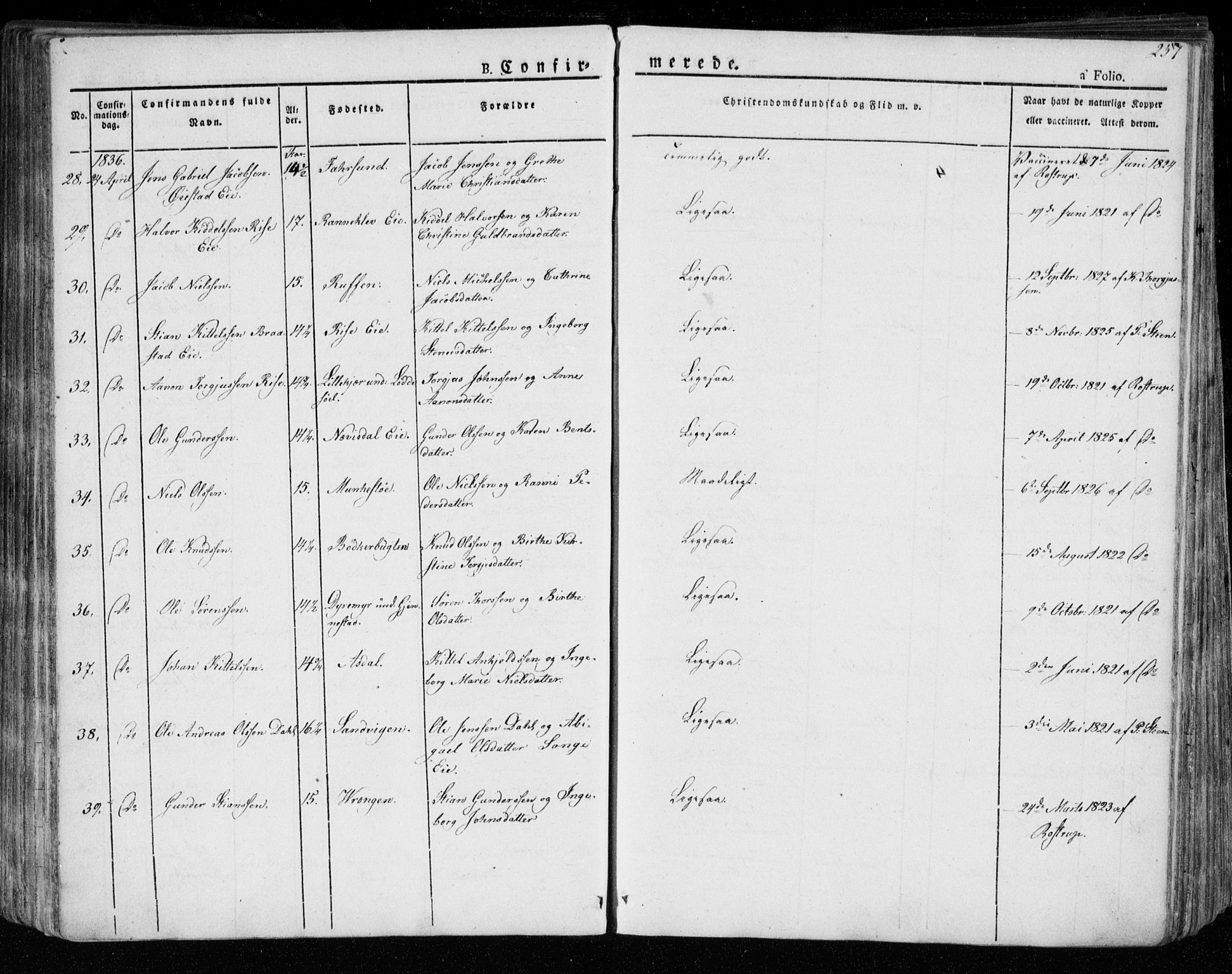 Øyestad sokneprestkontor, AV/SAK-1111-0049/F/Fa/L0013: Parish register (official) no. A 13, 1827-1842, p. 257