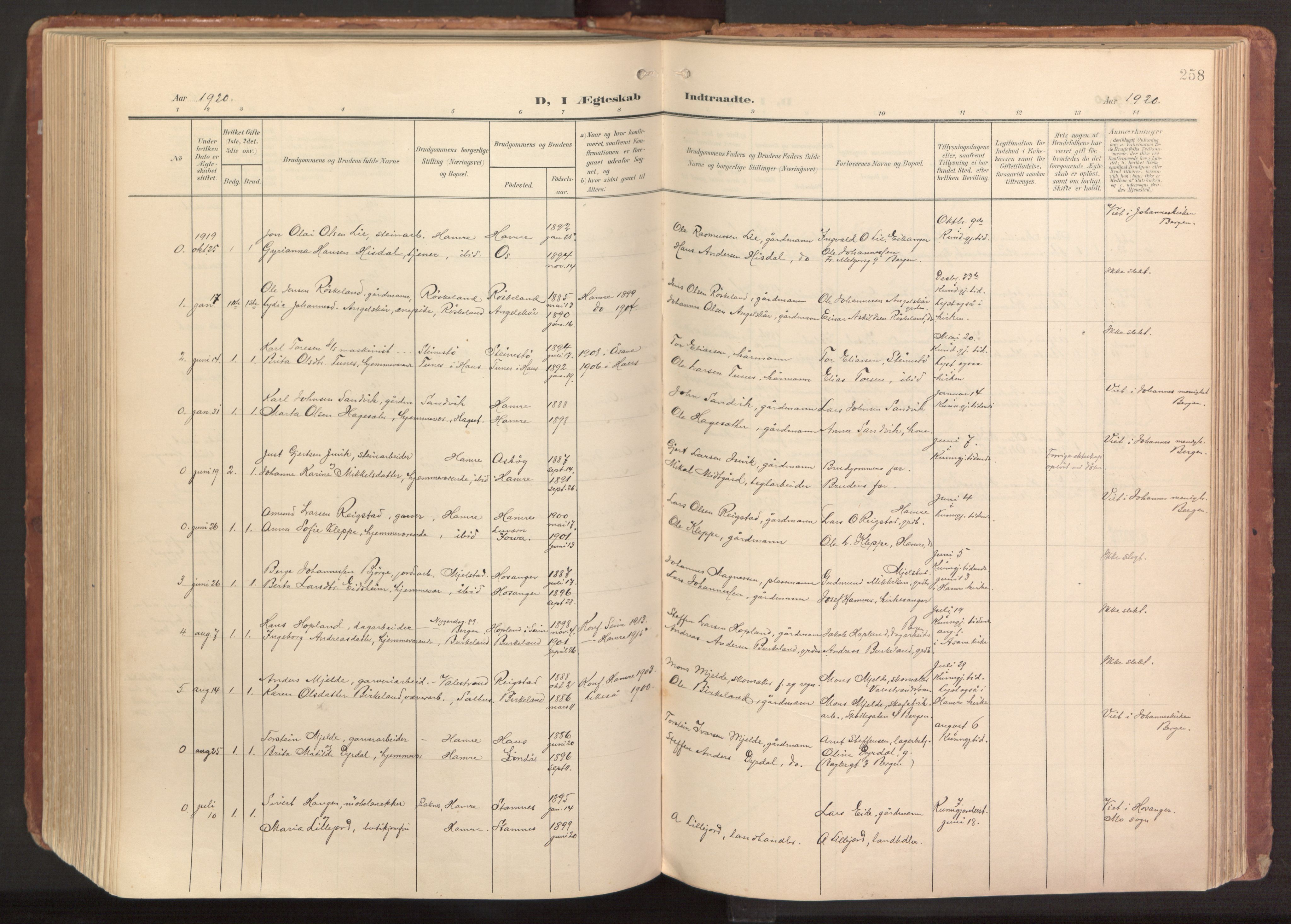 Hamre sokneprestembete, AV/SAB-A-75501/H/Ha/Haa/Haab/L0002: Parish register (official) no. B 2, 1905-1924, p. 258