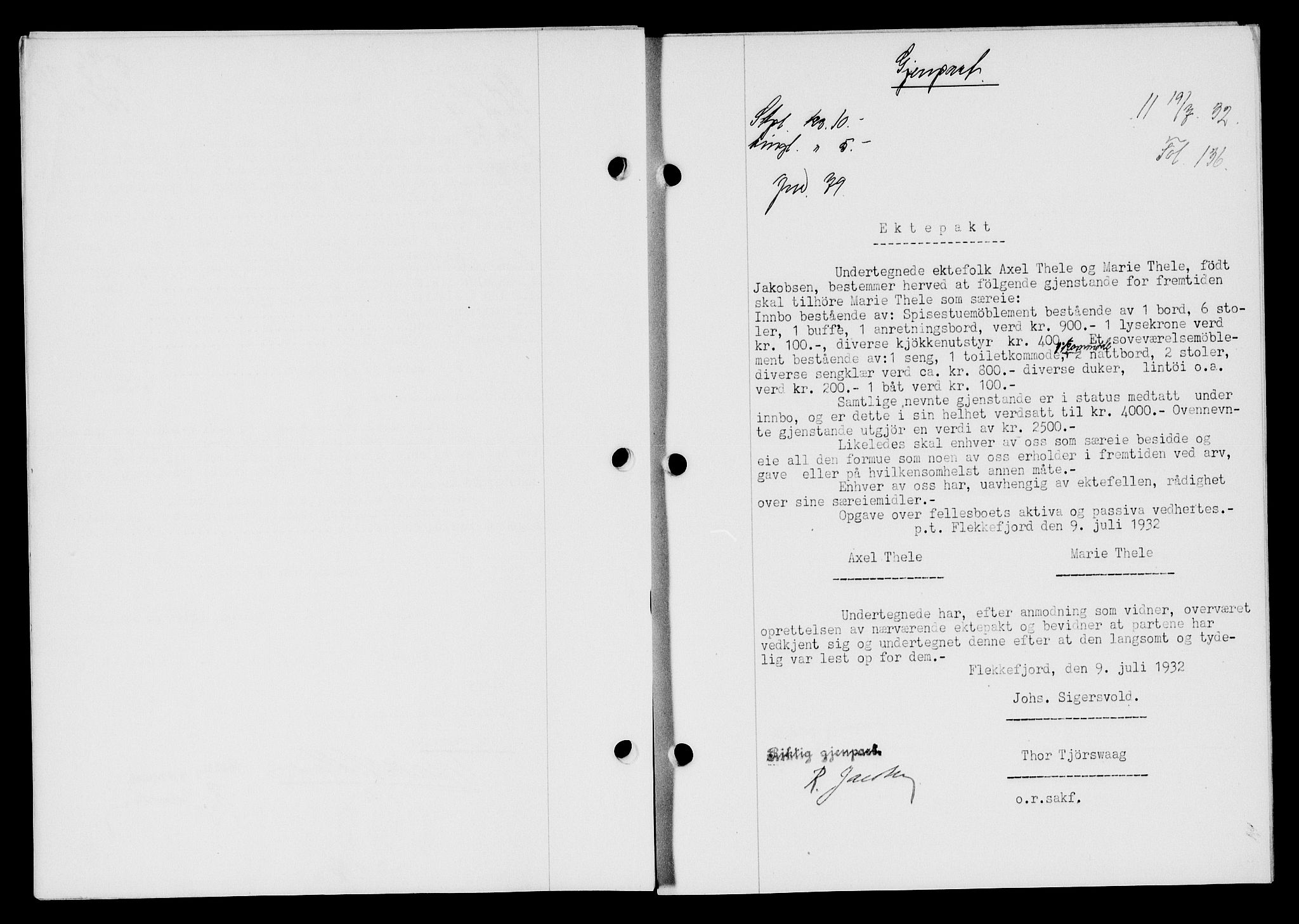 Flekkefjord sorenskriveri, SAK/1221-0001/G/Gb/Gba/L0047: Mortgage book no. 45, 1931-1932, Deed date: 19.07.1932