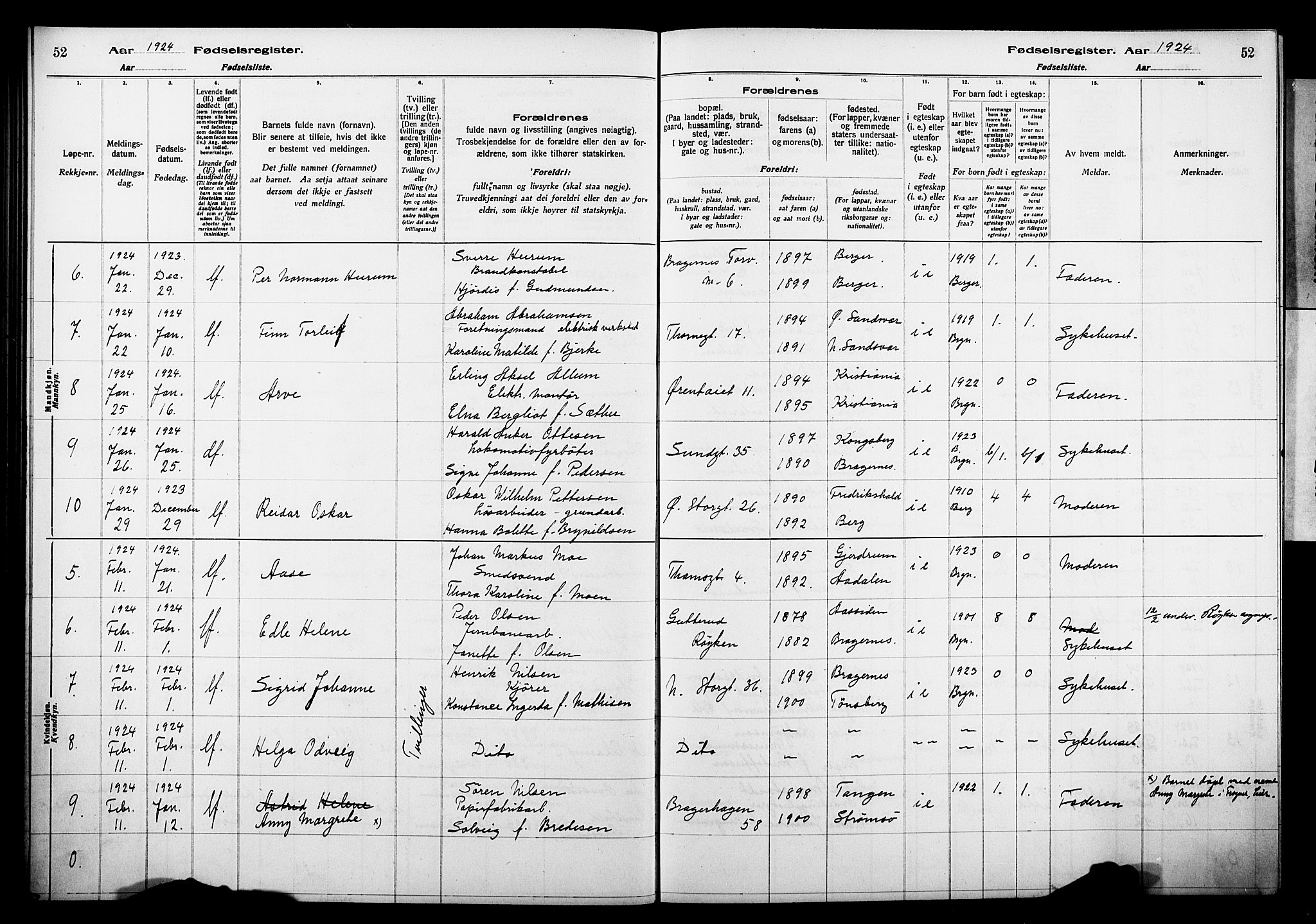 Bragernes kirkebøker, AV/SAKO-A-6/J/Ja/L0002: Birth register no. 2, 1922-1930, p. 52