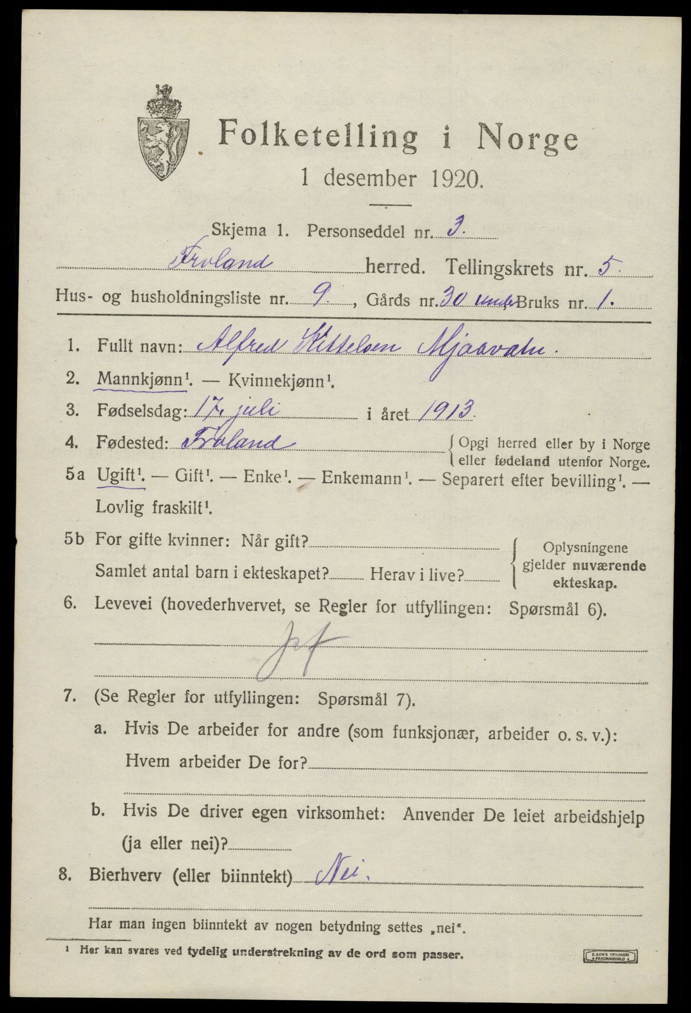 SAK, 1920 census for Froland, 1920, p. 3727