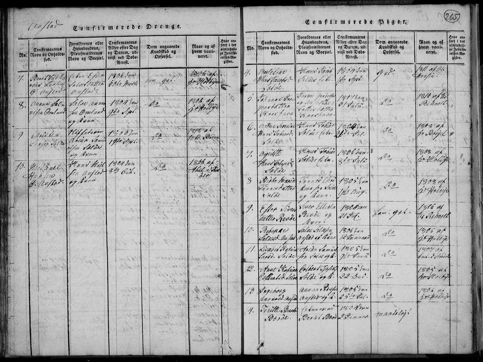 Lyngdal sokneprestkontor, AV/SAK-1111-0029/F/Fa/Fac/L0006: Parish register (official) no. A 6, 1815-1825, p. 265