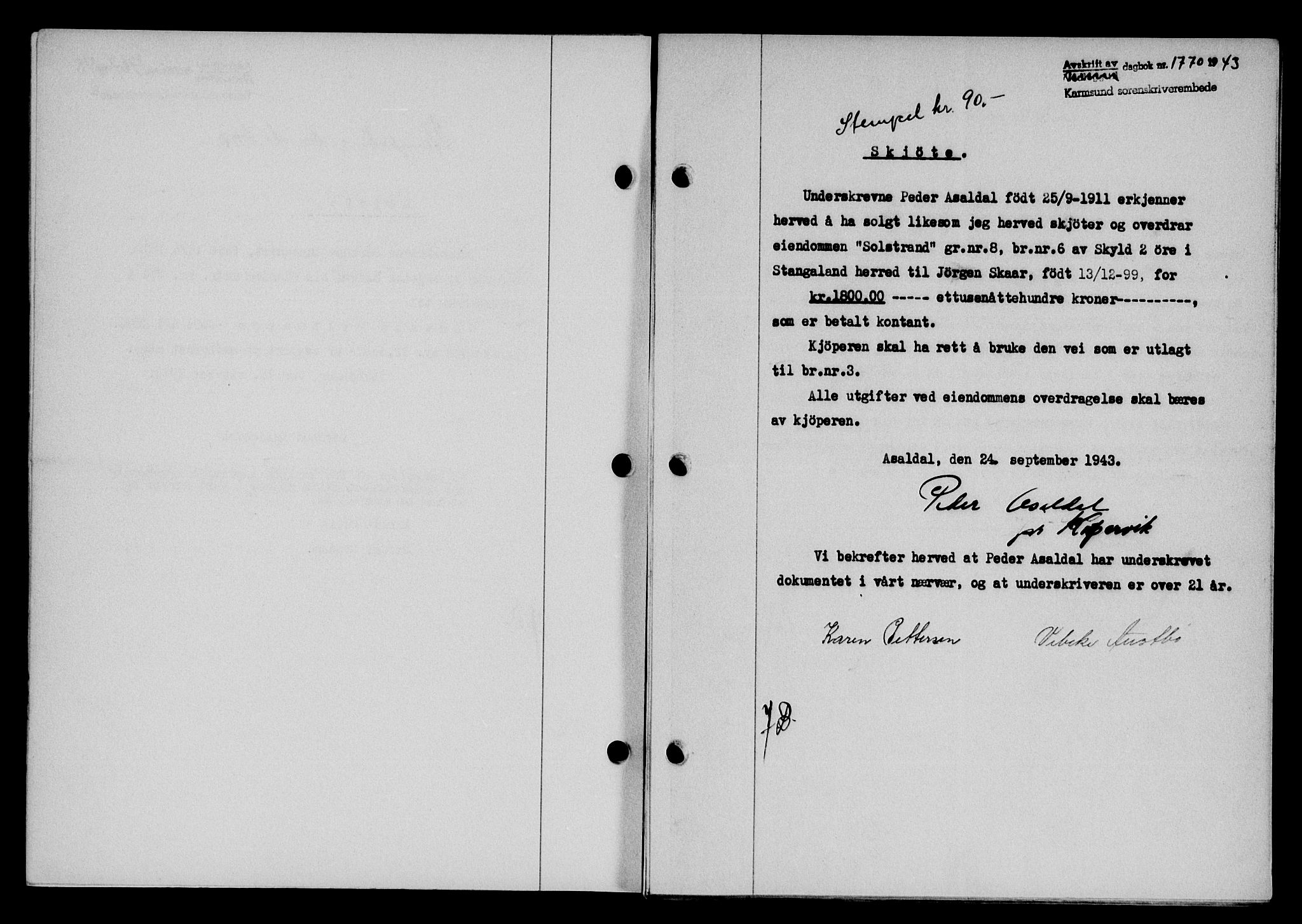 Karmsund sorenskriveri, SAST/A-100311/01/II/IIB/L0080: Mortgage book no. 61A, 1943-1943, Diary no: : 1770/1943