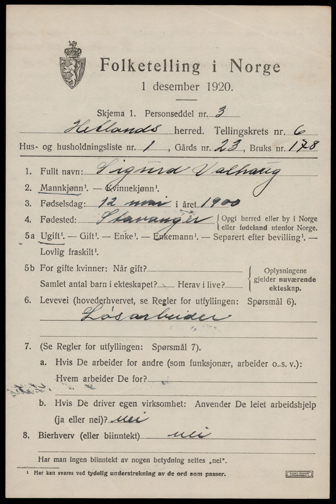 SAST, 1920 census for Hetland, 1920, p. 9461