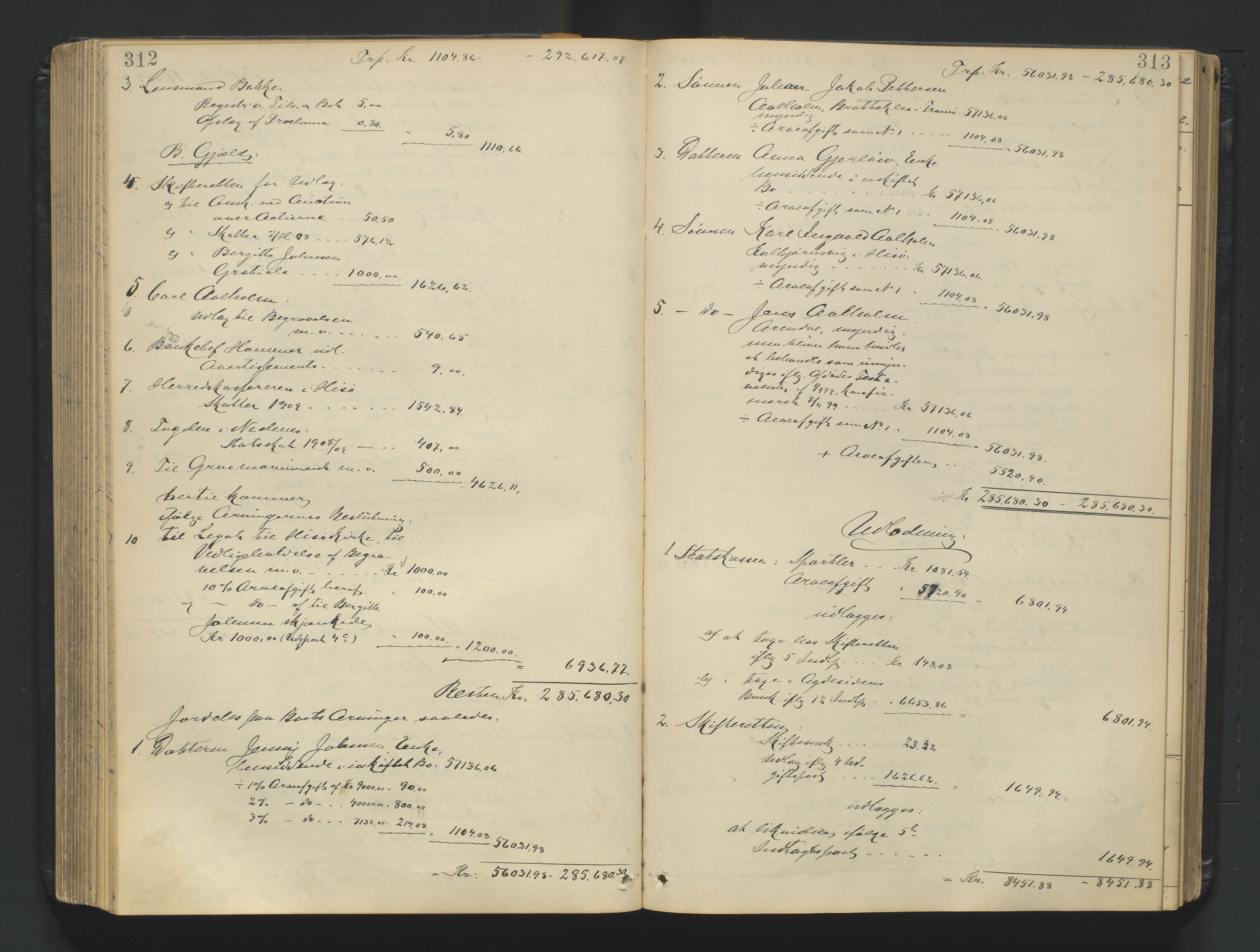 Nedenes sorenskriveri, AV/SAK-1221-0006/H/Hc/L0020: Skifteutlodningsprotokoll nr 6 med register, 1904-1913, p. 312-313