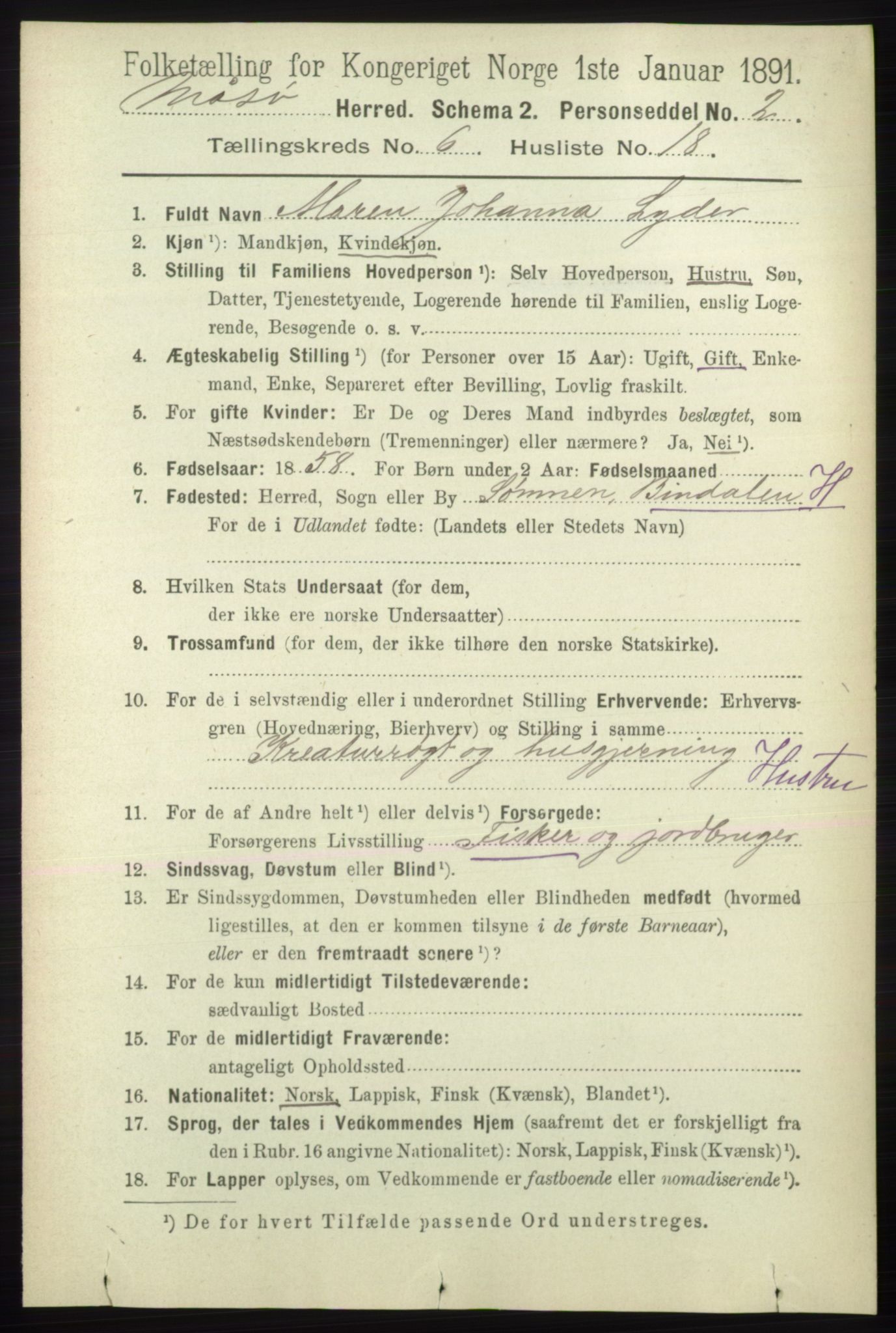 RA, 1891 census for 2018 Måsøy, 1891, p. 1232