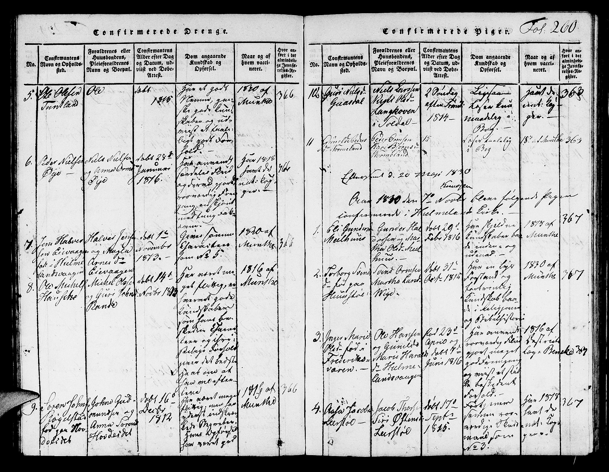 Hjelmeland sokneprestkontor, AV/SAST-A-101843/01/V/L0001: Parish register (copy) no. B 1, 1816-1841, p. 260