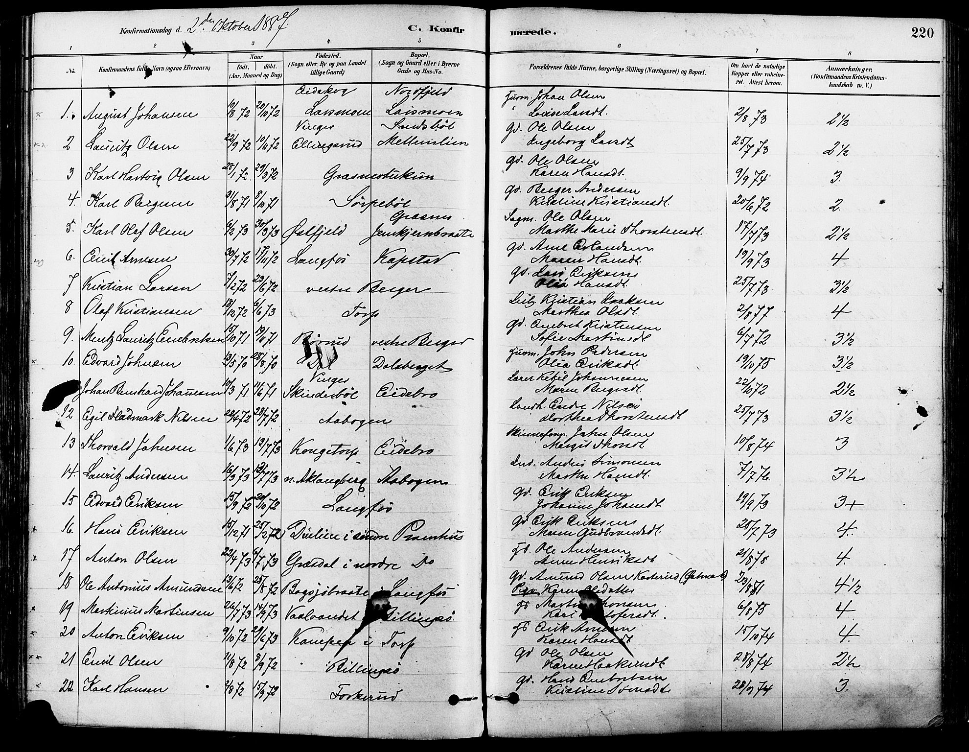 Eidskog prestekontor, SAH/PREST-026/H/Ha/Haa/L0003: Parish register (official) no. 3, 1879-1892, p. 220
