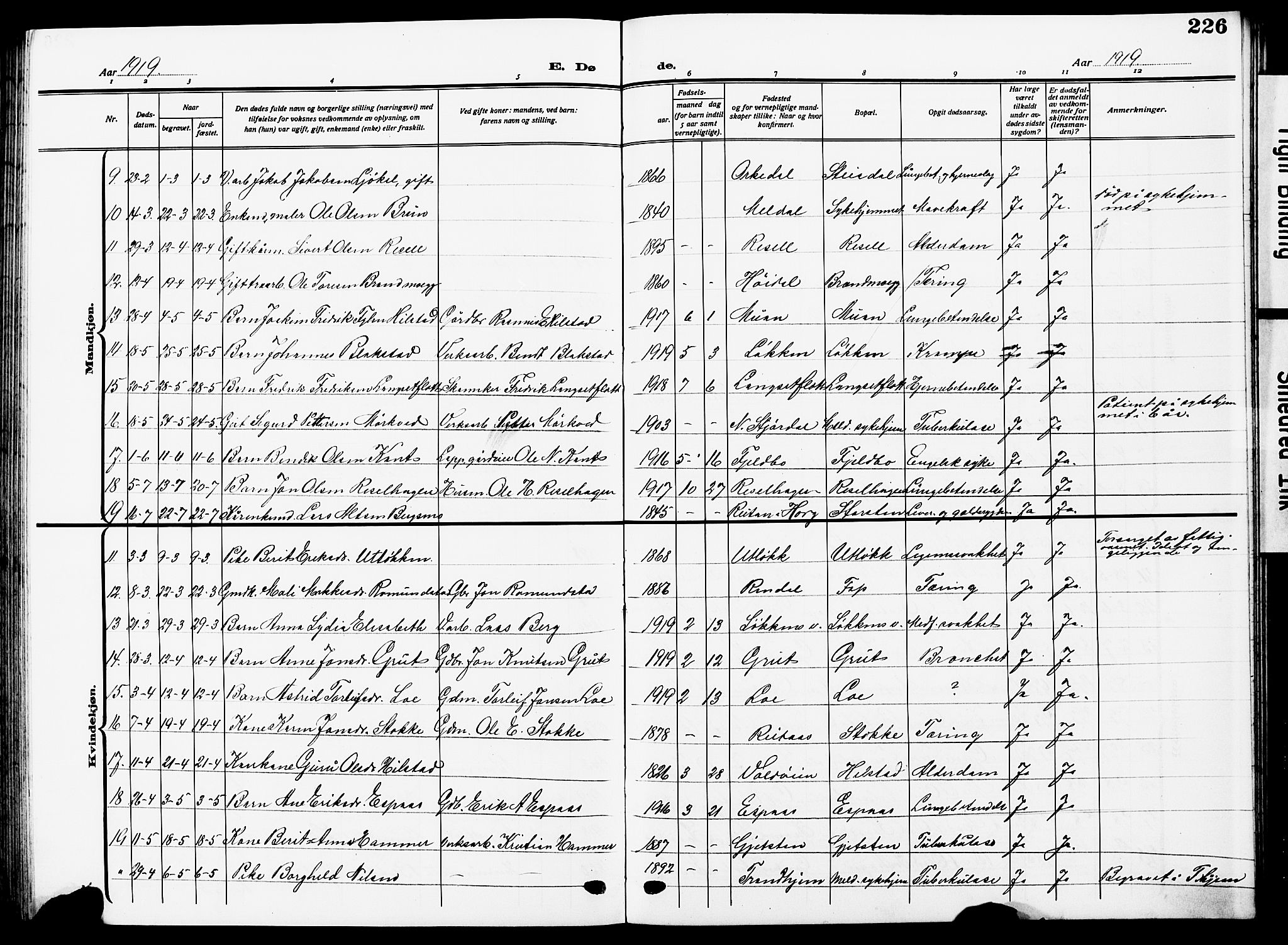 Ministerialprotokoller, klokkerbøker og fødselsregistre - Sør-Trøndelag, AV/SAT-A-1456/672/L0865: Parish register (copy) no. 672C04, 1914-1928, p. 226