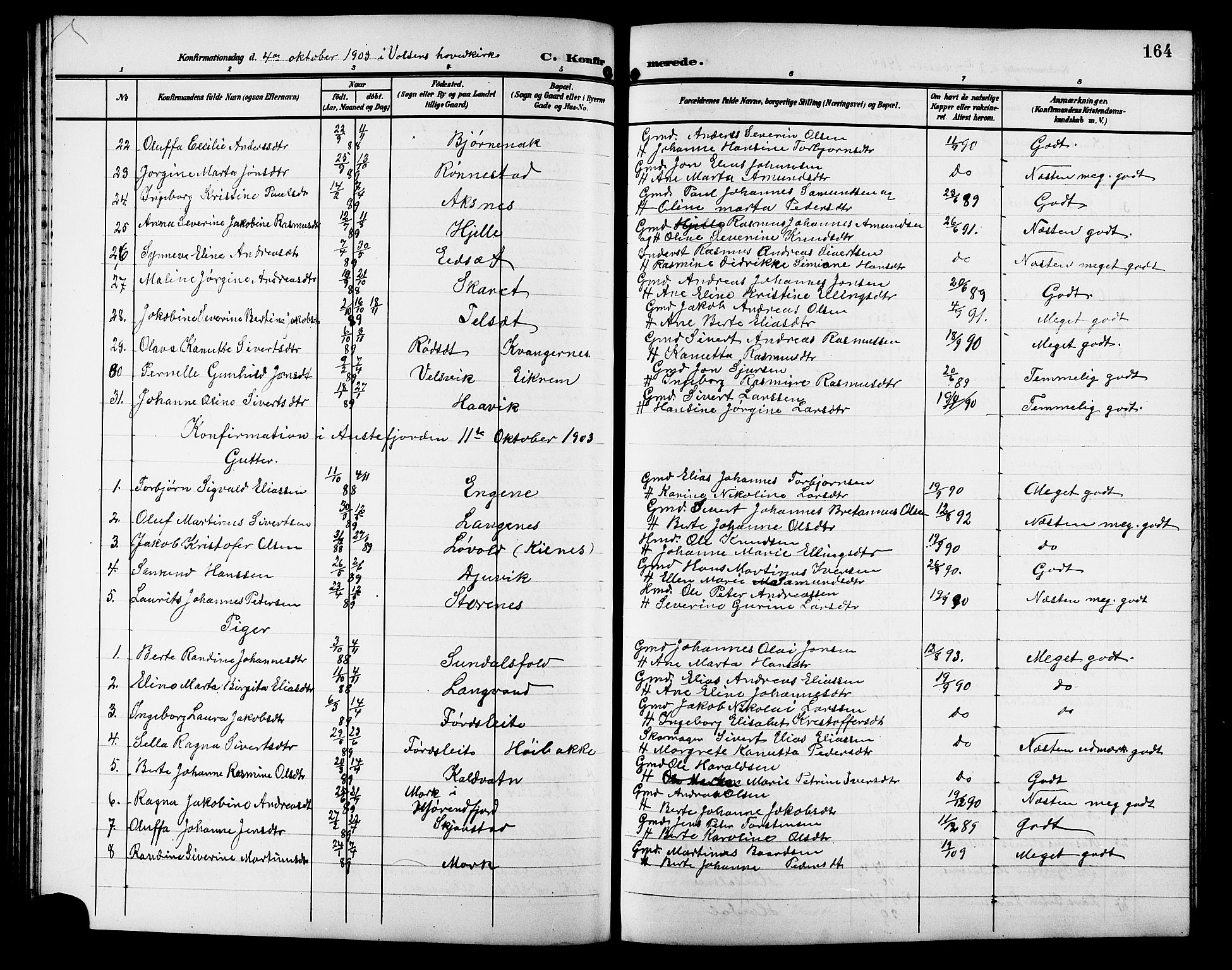 Ministerialprotokoller, klokkerbøker og fødselsregistre - Møre og Romsdal, SAT/A-1454/511/L0159: Parish register (copy) no. 511C05, 1902-1920, p. 164