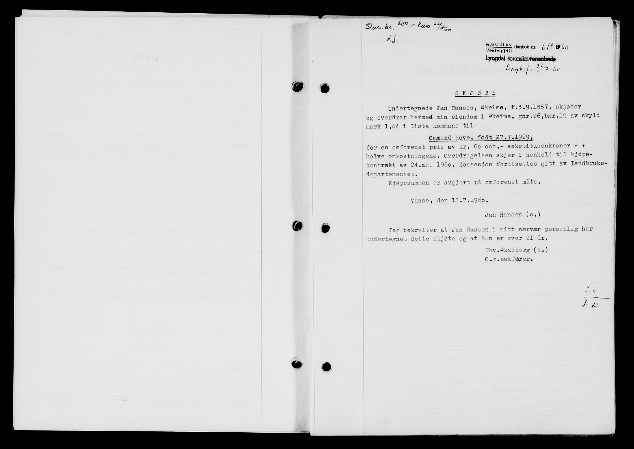 Lyngdal sorenskriveri, AV/SAK-1221-0004/G/Gb/L0680: Mortgage book no. A XXVI, 1960-1960, Diary no: : 619/1960