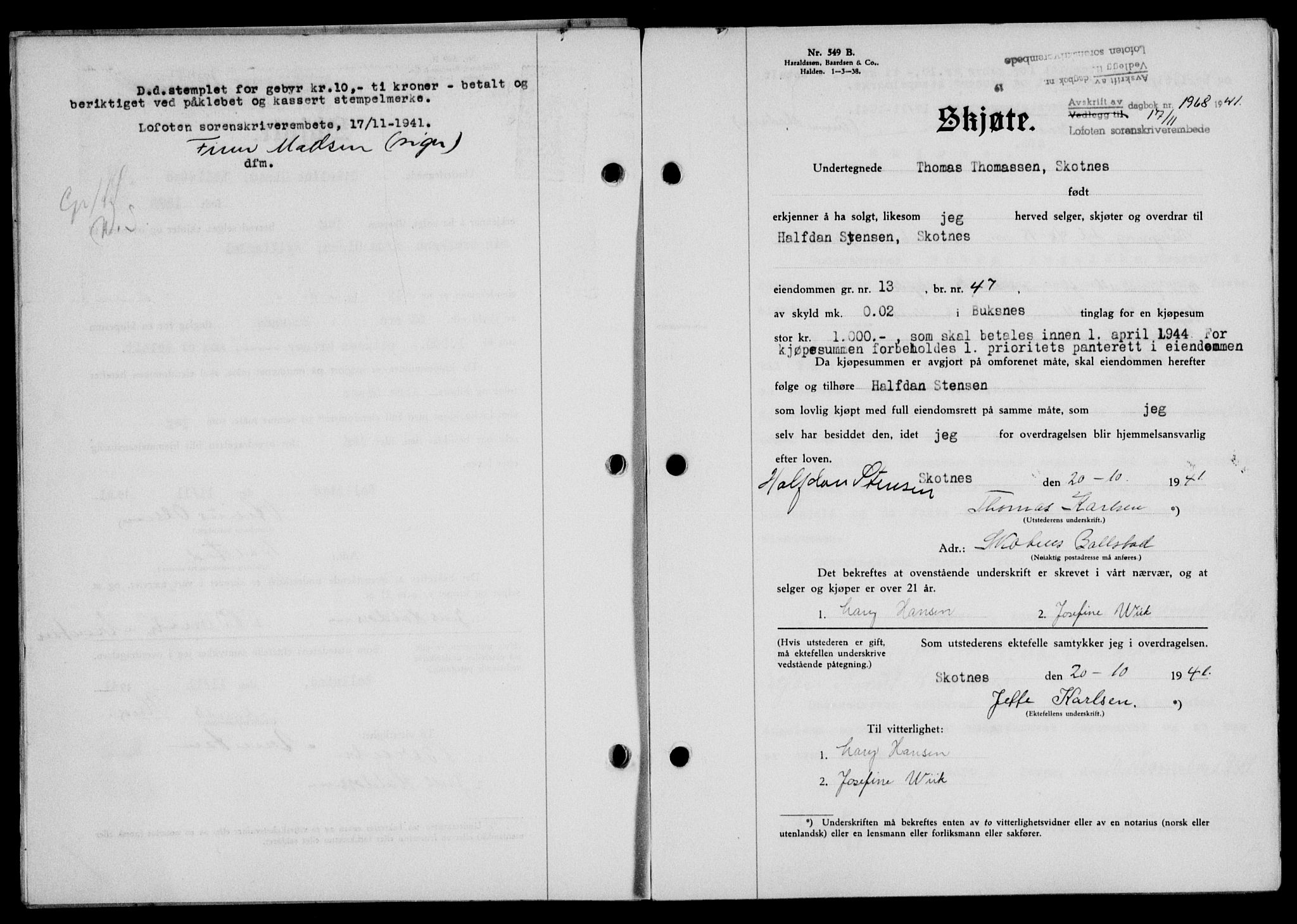 Lofoten sorenskriveri, SAT/A-0017/1/2/2C/L0009a: Mortgage book no. 9a, 1941-1942, Diary no: : 1968/1941
