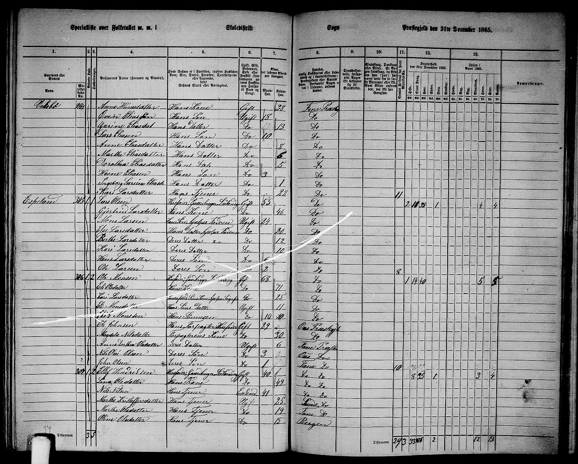 RA, 1865 census for Fana, 1865, p. 135