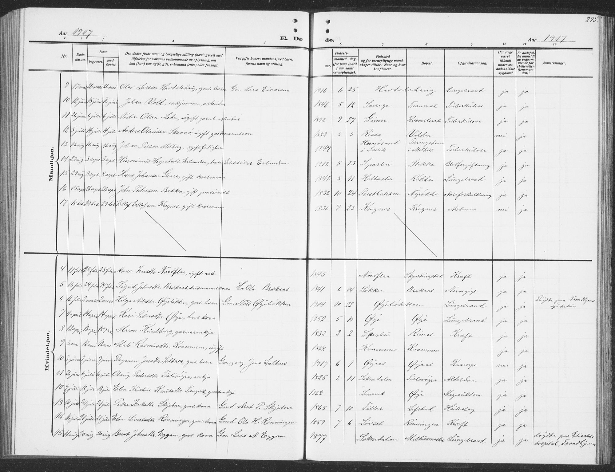 Ministerialprotokoller, klokkerbøker og fødselsregistre - Sør-Trøndelag, AV/SAT-A-1456/691/L1095: Parish register (copy) no. 691C06, 1912-1933, p. 275