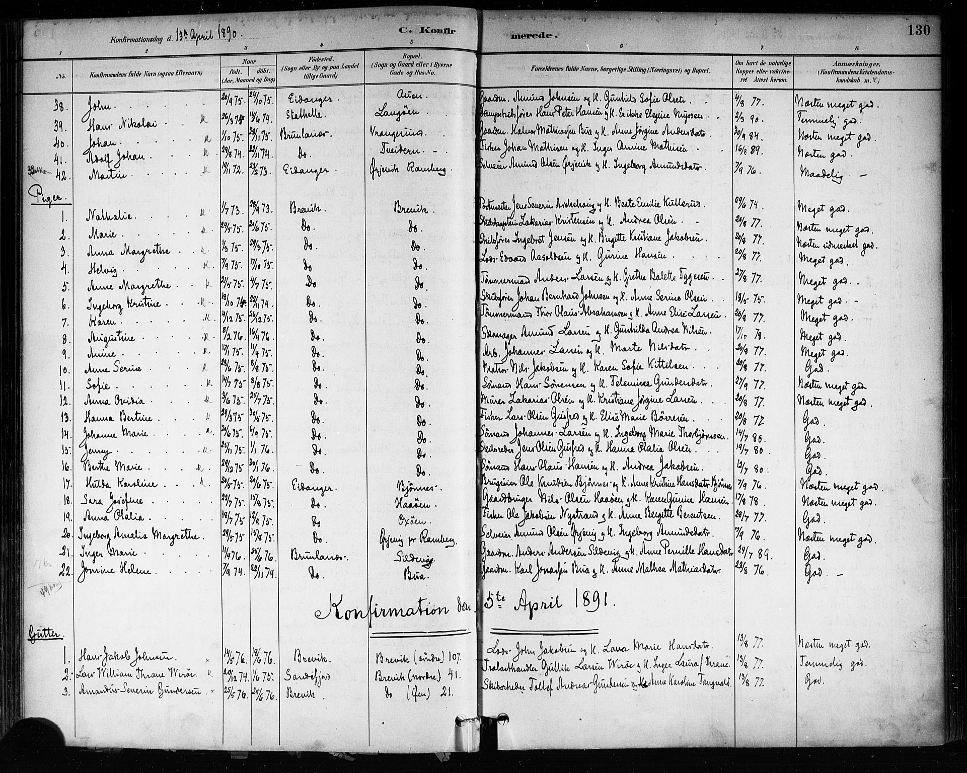 Brevik kirkebøker, SAKO/A-255/F/Fa/L0007: Parish register (official) no. 7, 1882-1900, p. 130