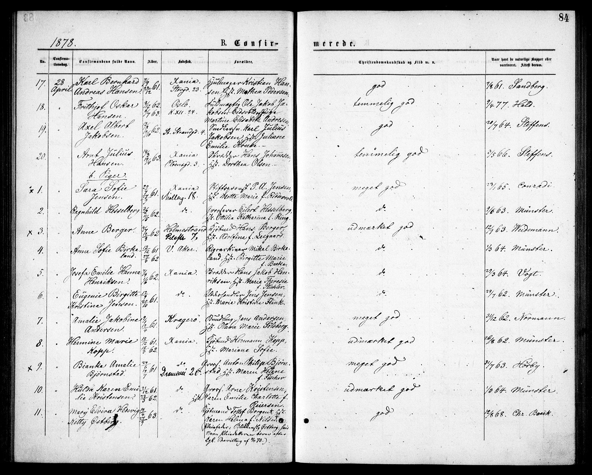 Oslo domkirke Kirkebøker, SAO/A-10752/F/Fa/L0018: Parish register (official) no. 18, 1872-1886, p. 84