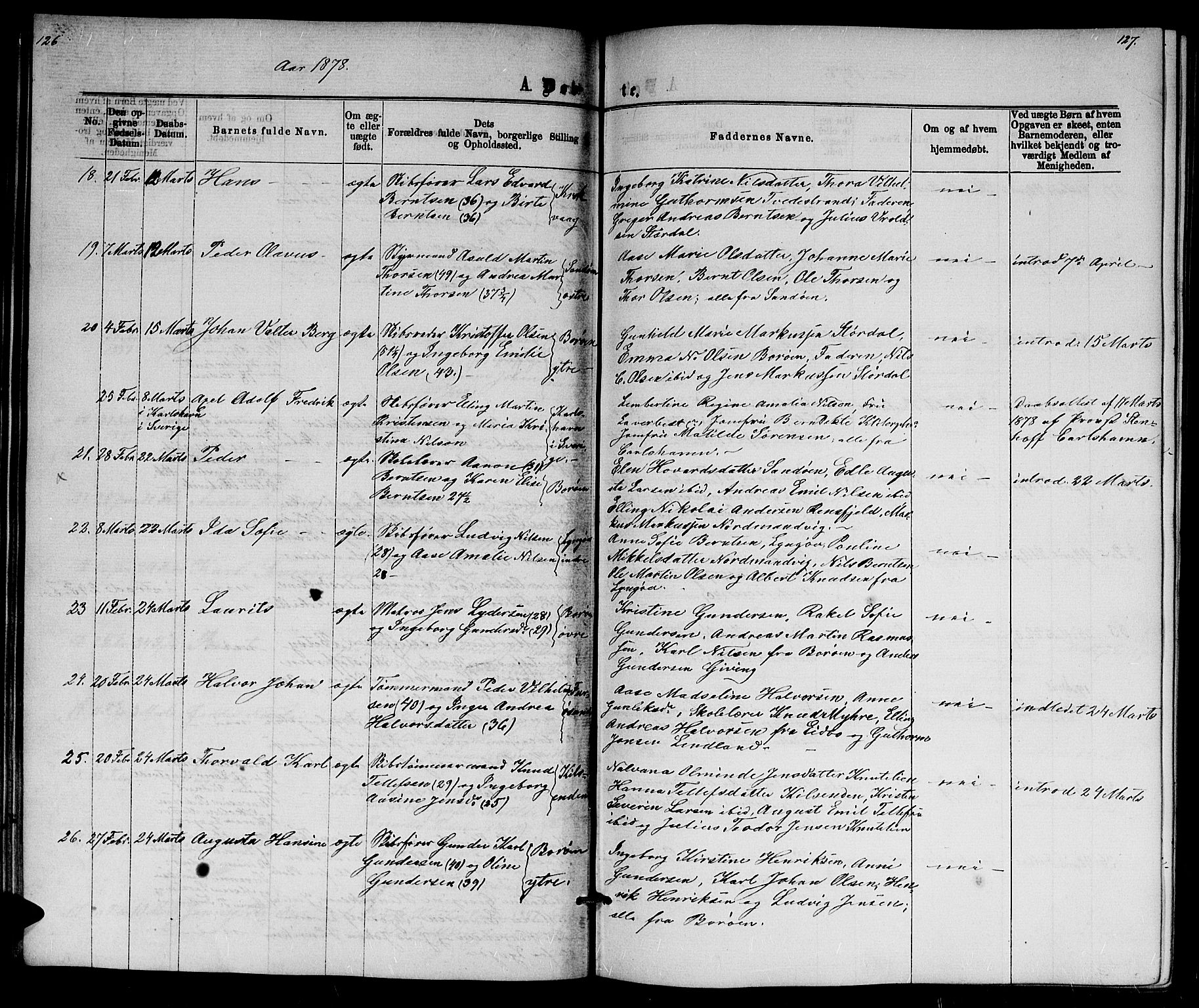 Dypvåg sokneprestkontor, AV/SAK-1111-0007/F/Fb/Fba/L0012: Parish register (copy) no. B 12, 1872-1886, p. 126-127