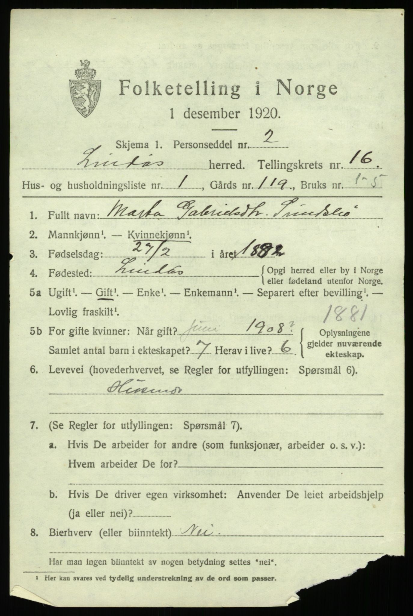 SAB, 1920 census for Lindås, 1920, p. 7957