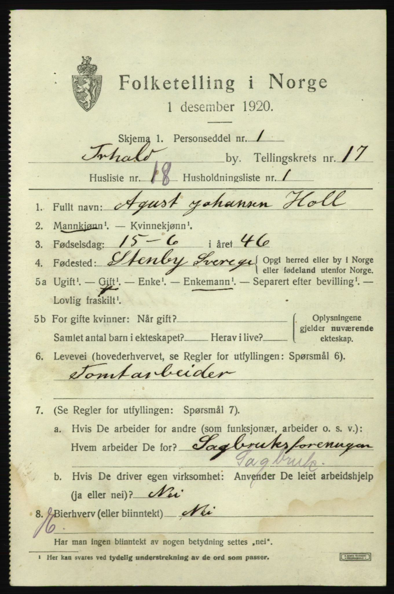 SAO, 1920 census for Fredrikshald, 1920, p. 26190