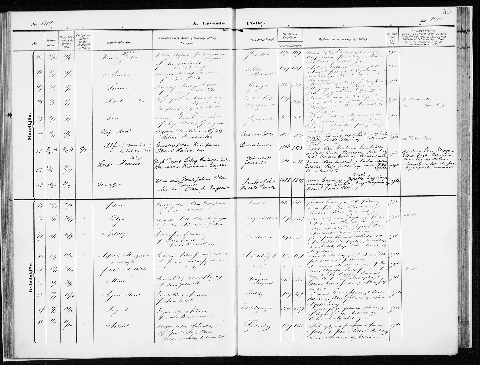 Løten prestekontor, AV/SAH-PREST-022/K/Ka/L0011: Parish register (official) no. 11, 1908-1917, p. 59