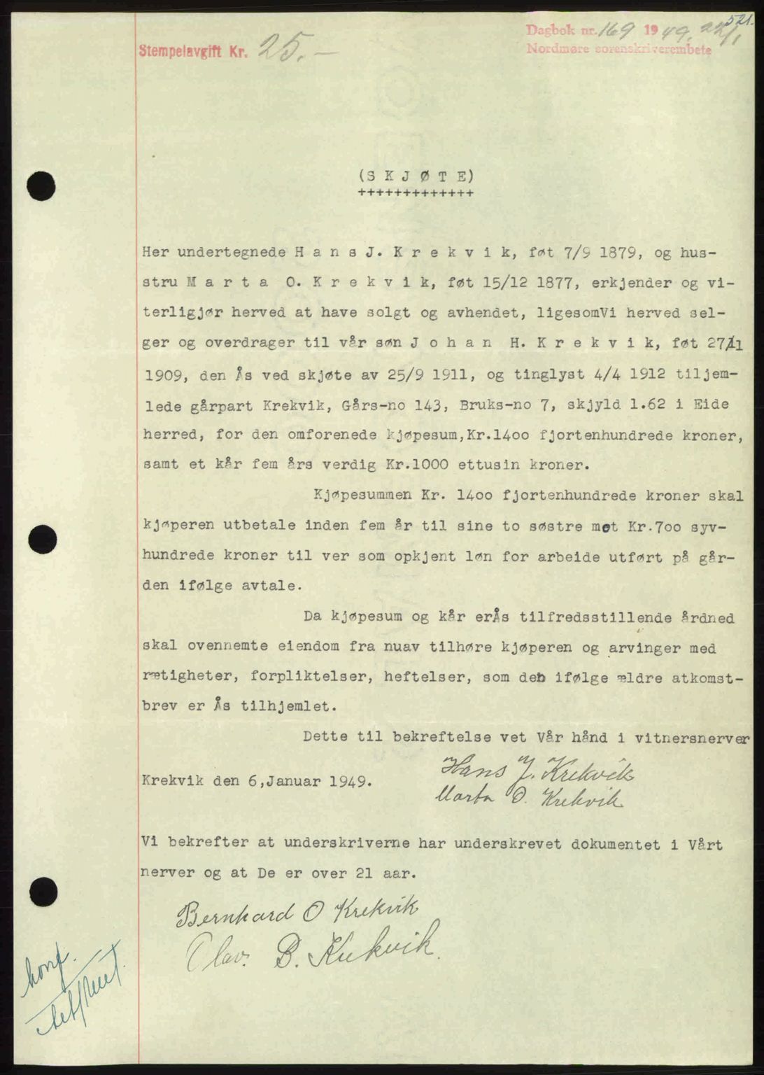 Nordmøre sorenskriveri, AV/SAT-A-4132/1/2/2Ca: Mortgage book no. A110, 1948-1949, Diary no: : 169/1949