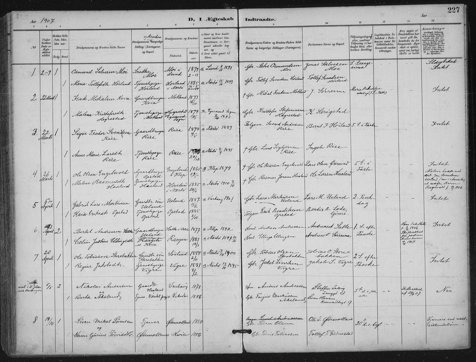 Hå sokneprestkontor, SAST/A-101801/002/B/L0001: Parish register (official) no. A 11, 1897-1924, p. 227