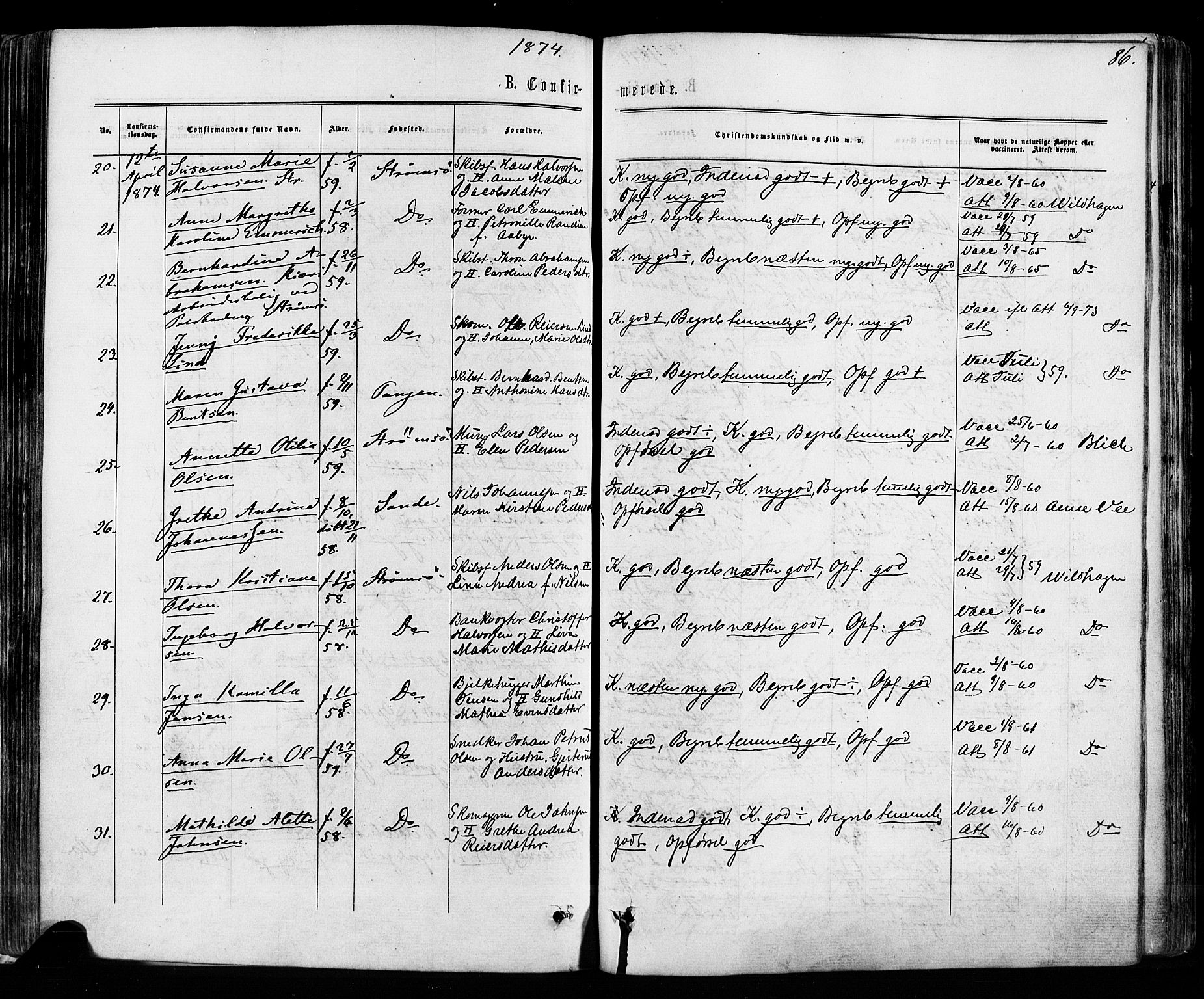 Strømsø kirkebøker, SAKO/A-246/F/Fa/L0018: Parish register (official) no. I 18, 1865-1878, p. 86