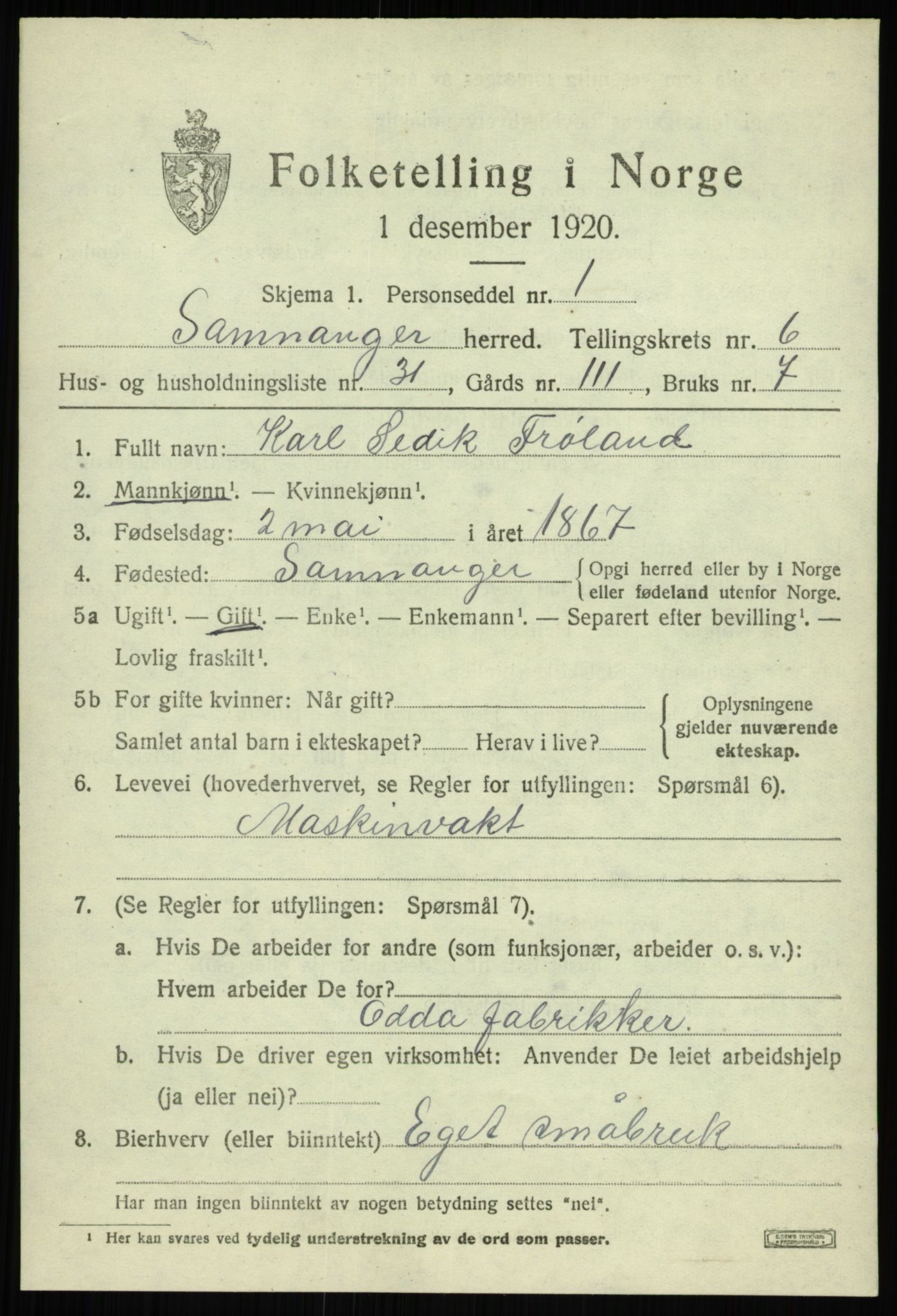 SAB, 1920 census for Samnanger, 1920, p. 2769