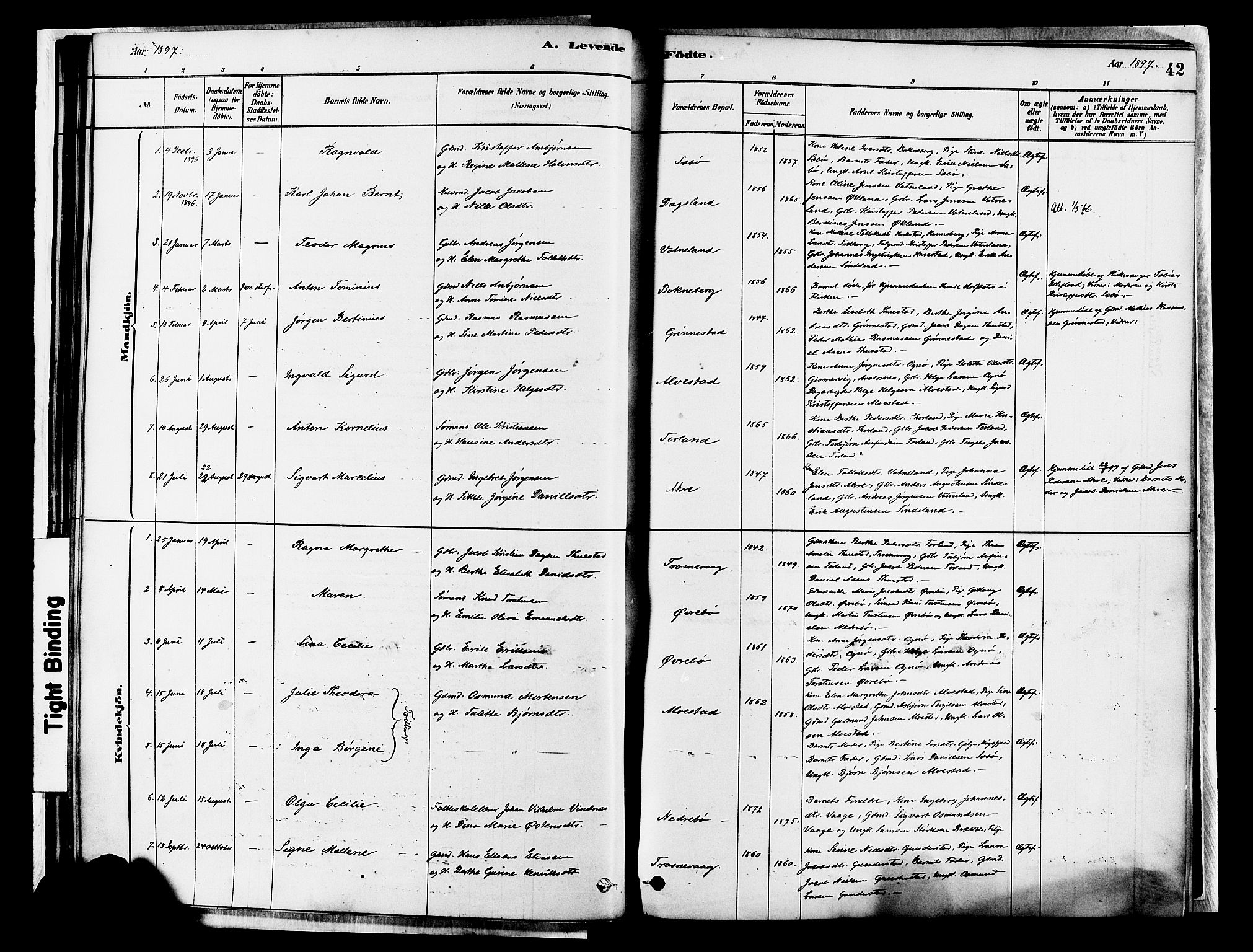 Tysvær sokneprestkontor, AV/SAST-A -101864/H/Ha/Haa/L0007: Parish register (official) no. A 7, 1878-1897, p. 42