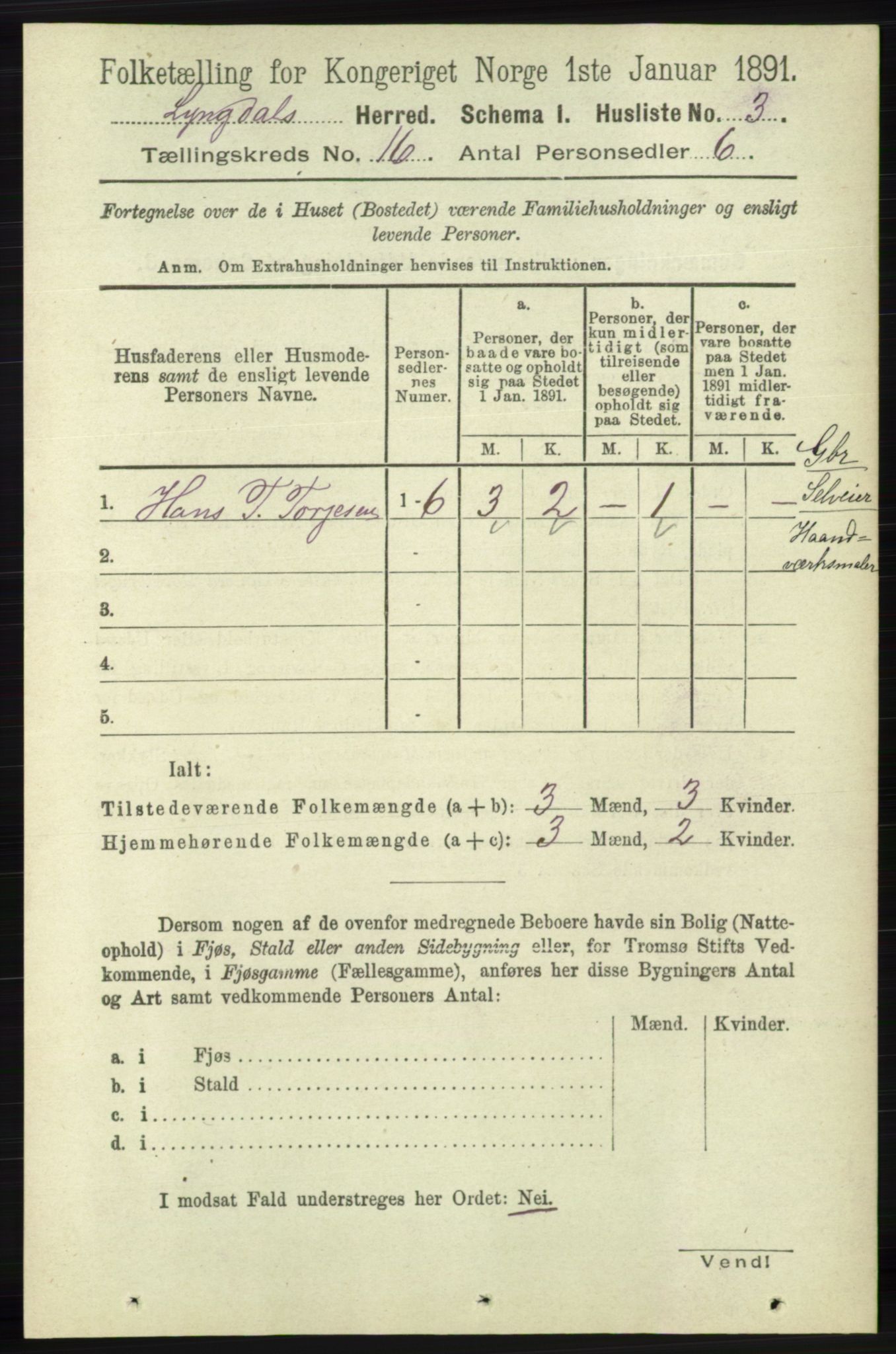 RA, 1891 census for 1032 Lyngdal, 1891, p. 6215