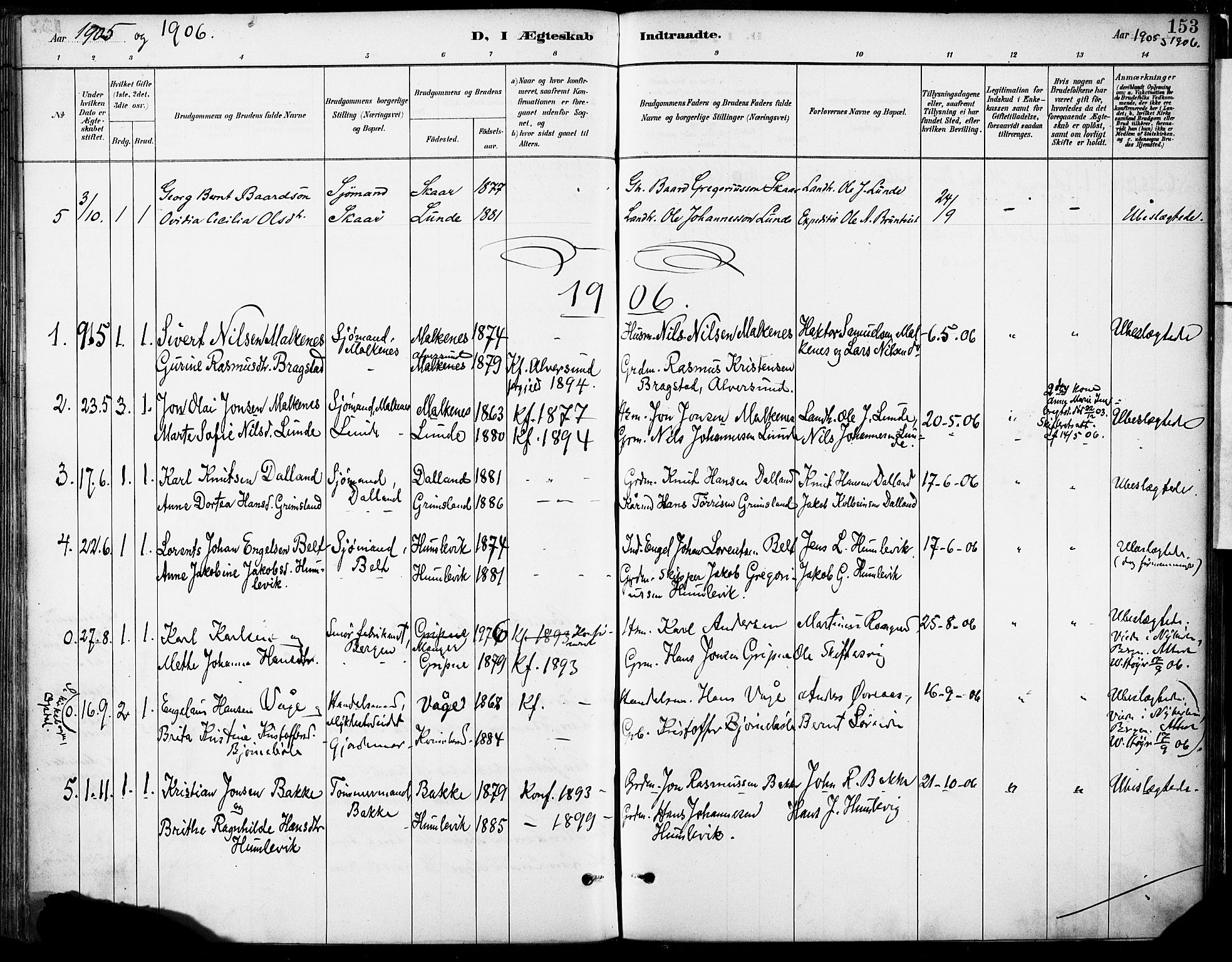 Tysnes sokneprestembete, SAB/A-78601/H/Haa: Parish register (official) no. B 1, 1887-1906, p. 153